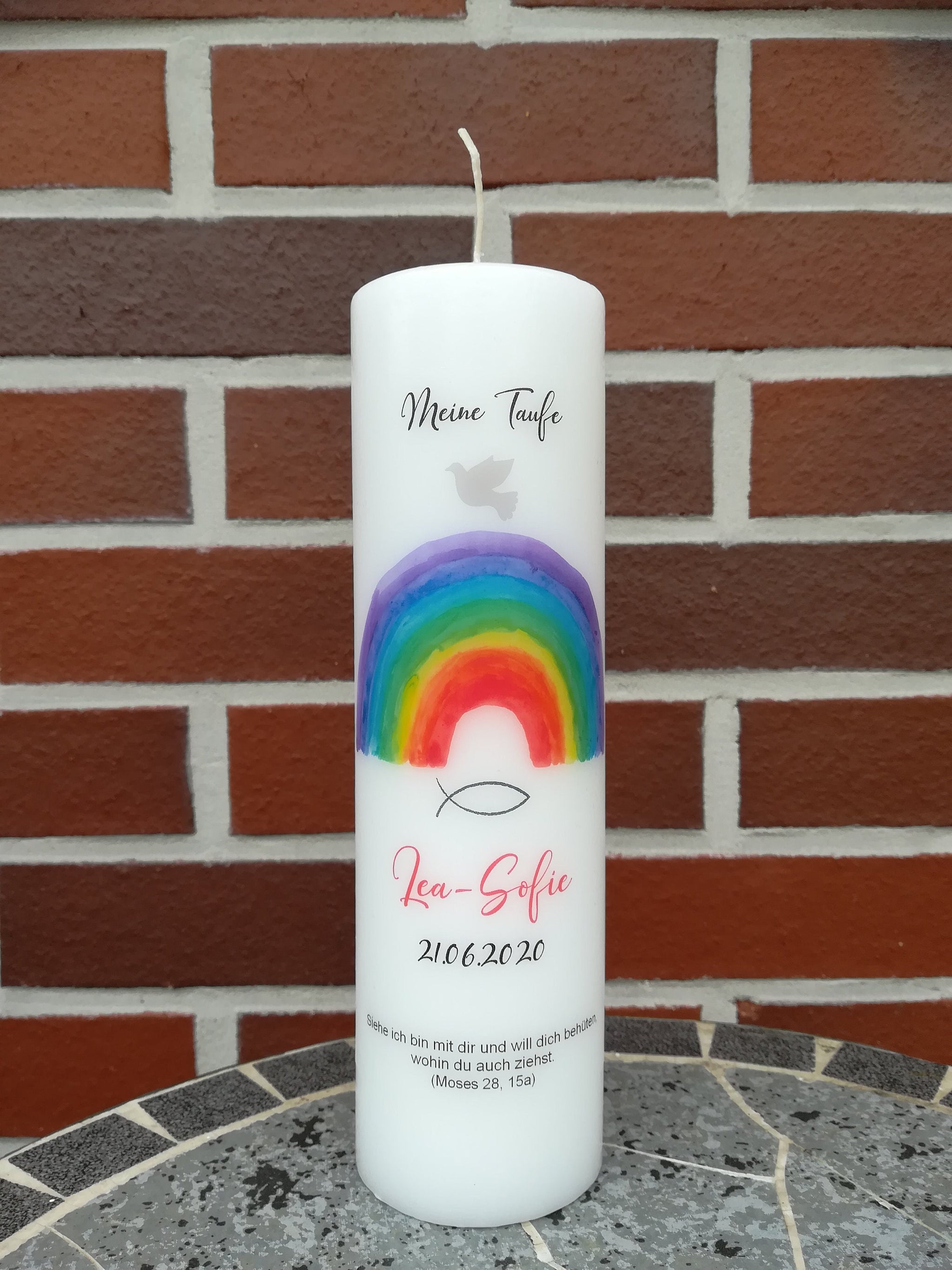Taufkerze personalisiert mit Namen Datum und Taufspruch "Regenbogen", Junge/ Mädchen