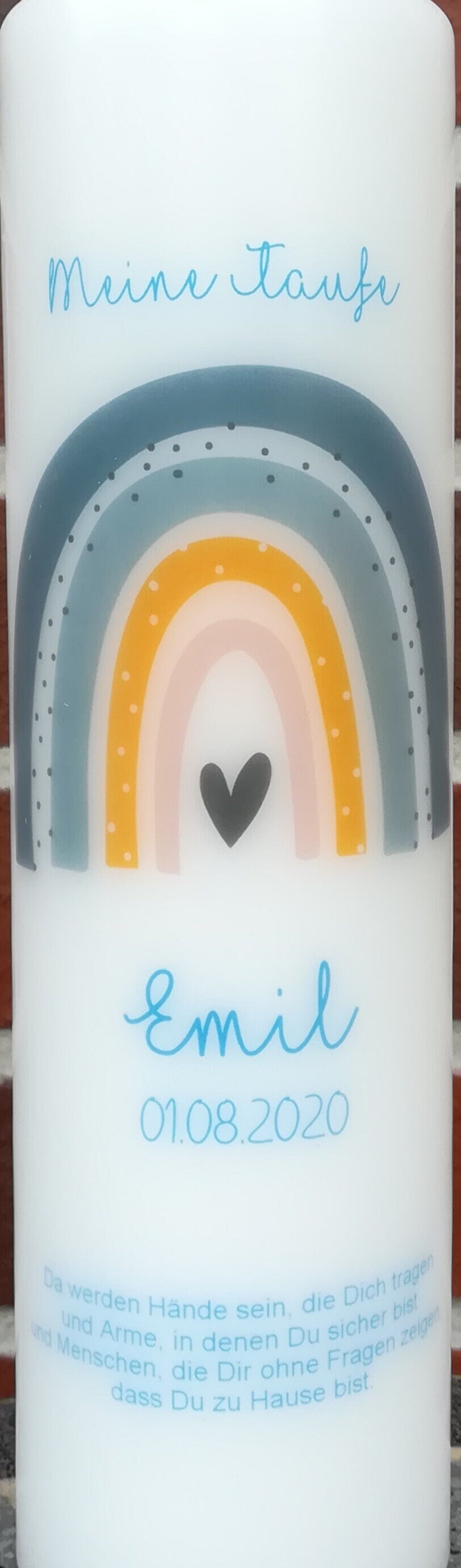 Taufkerze personalisiert mit Namen Datum und Taufspruch "Regenbogen blau/grau/Schrift blau", Junge/ Mädchen