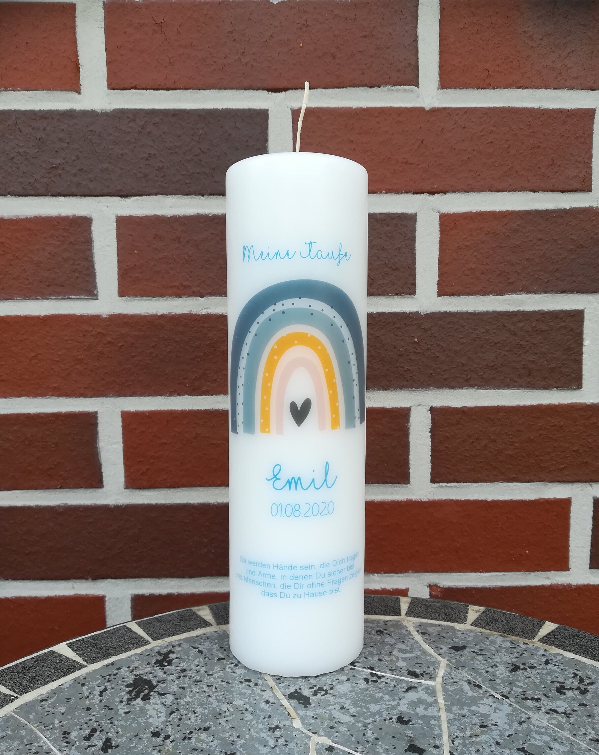 Taufkerze personalisiert mit Namen Datum und Taufspruch "Regenbogen blau/grau/Schrift blau", Junge/ Mädchen