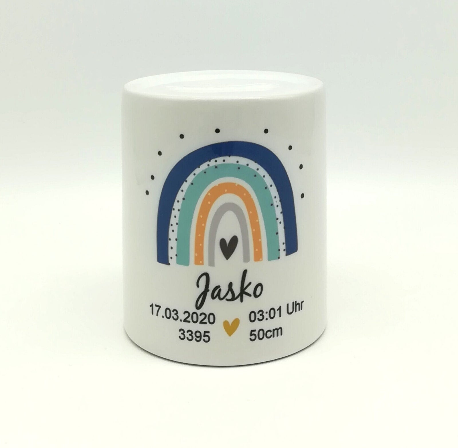 Spardose personalisiert mit Namen und Geburtsdaten "Regenbogen blau/mint" / Taufe/ Geburt