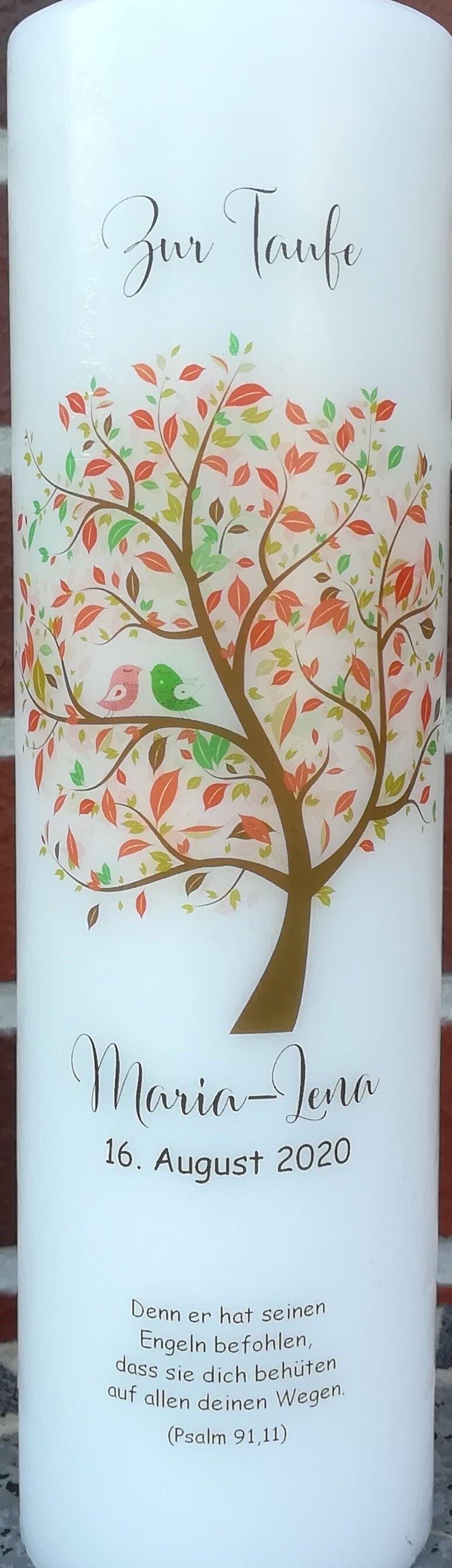 Taufkerze personalisiert mit Namen Datum und Taufspruch "Baum/Vogel/rot", Junge/ Mädchen