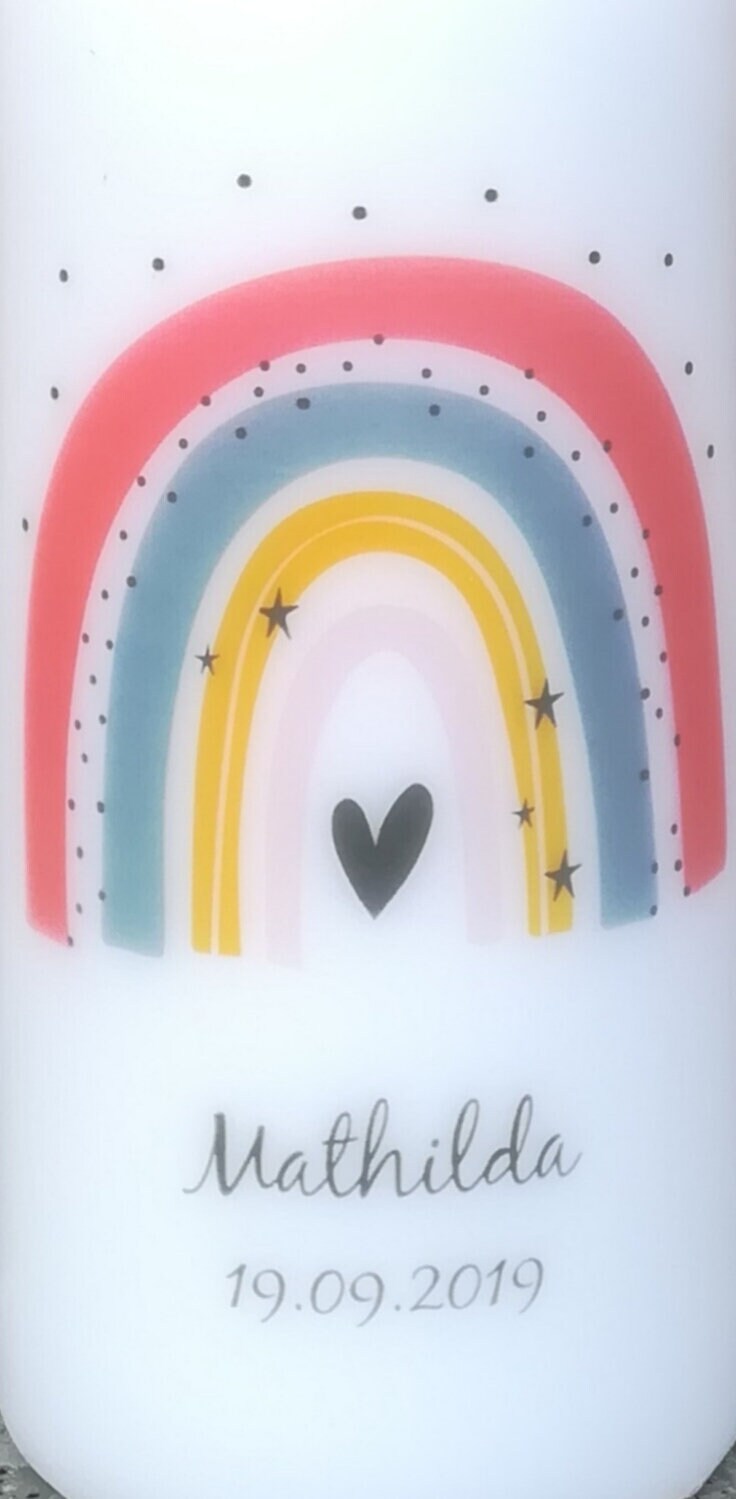 Geburtstagskerze/ Geburtskerze personalisiert mit Namen und Geburtsdatum " Regenbogen rosa" / Geburt/ Taufe/ Geburtstag
