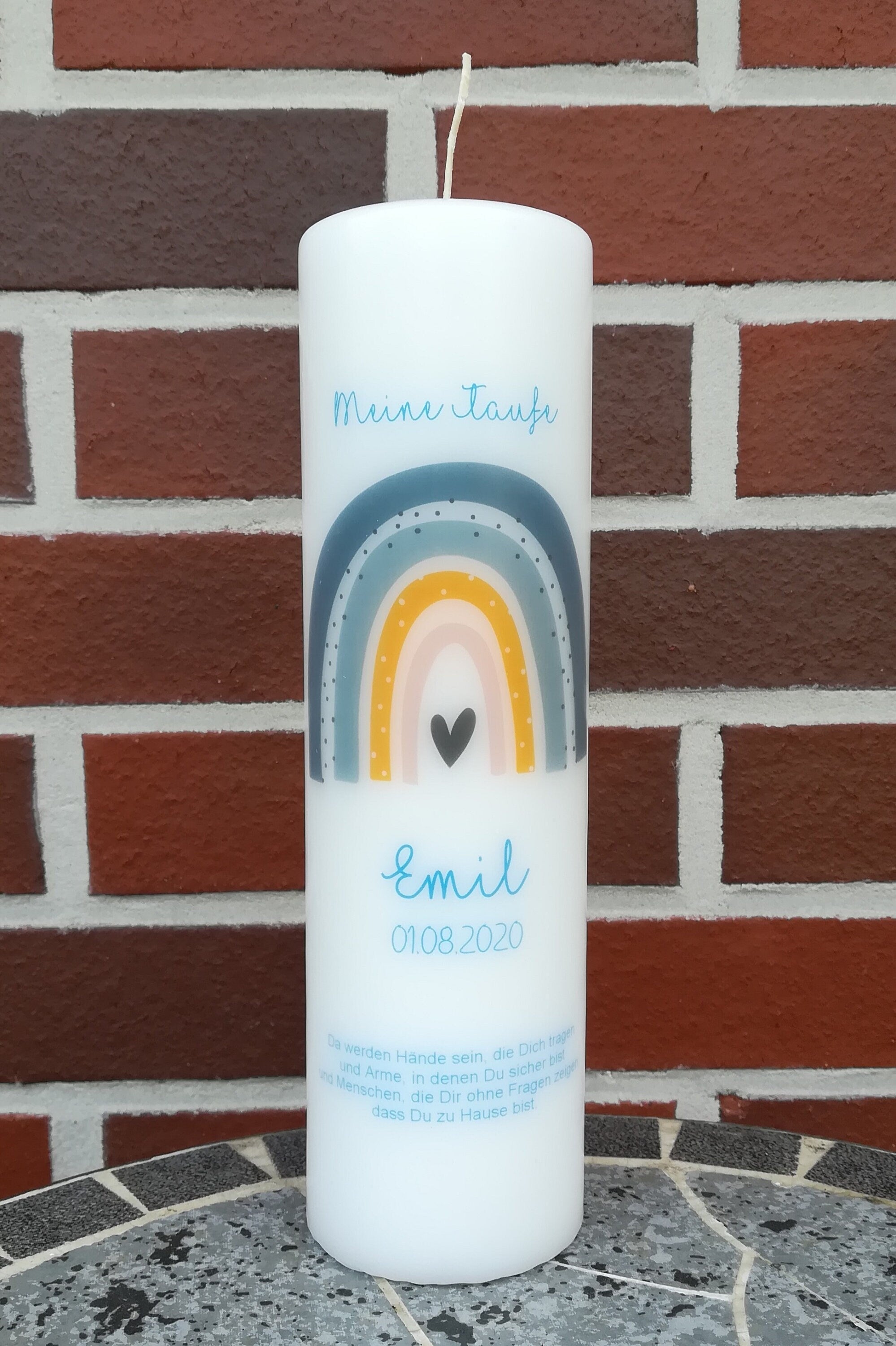 Taufkerze personalisiert mit Namen Datum und Taufspruch "Regenbogen blau/grau/Schrift blau", Junge/ Mädchen