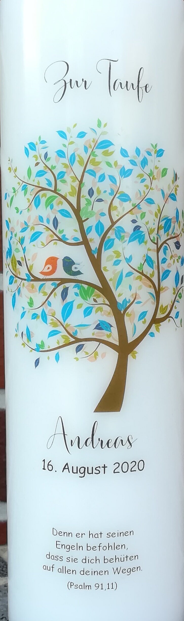 Taufkerze personalisiert mit Namen Datum und Taufspruch "Baum/Vogel/blau", Junge/ Mädchen