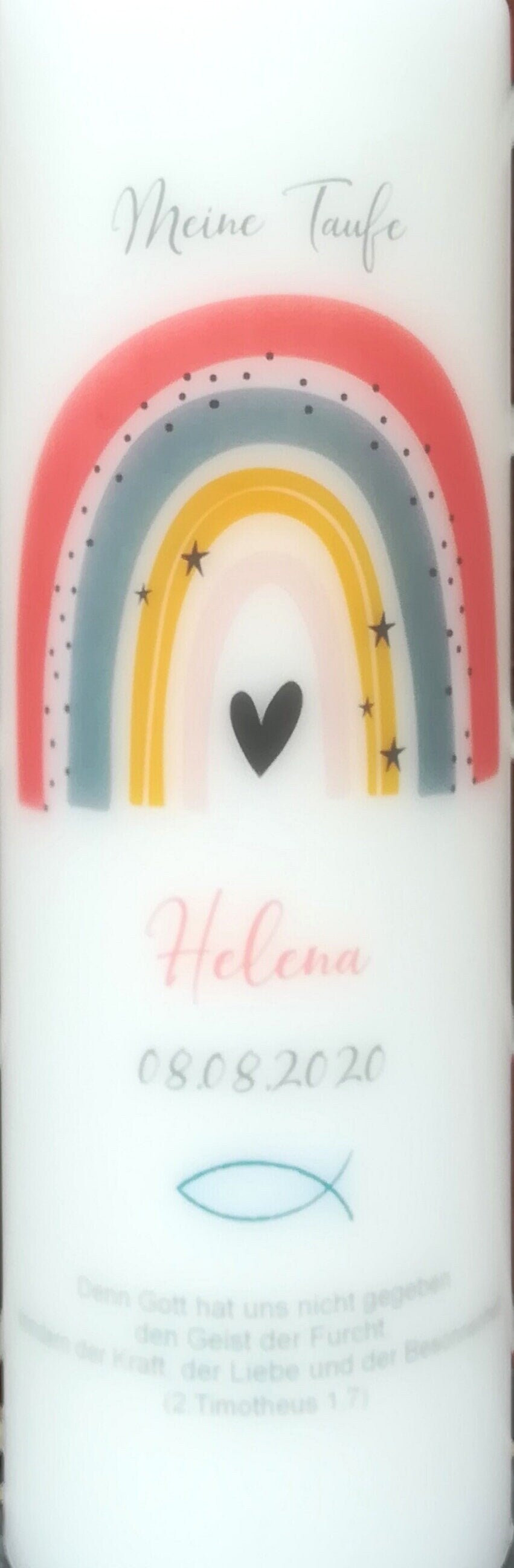 Taufkerze personalisiert mit Namen Datum und Taufspruch "Regenbogen pfirsich/ Fisch", Junge/ Mädchen