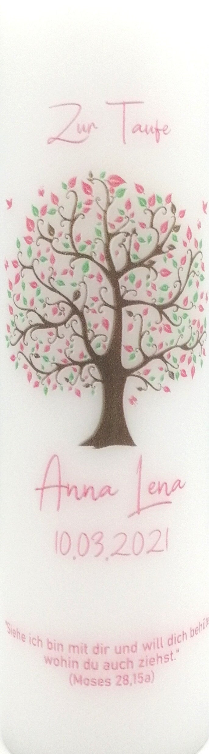 Taufkerze personalisiert mit Namen Datum und Taufspruch "Baum rosa/grün", Junge/ Mädchen