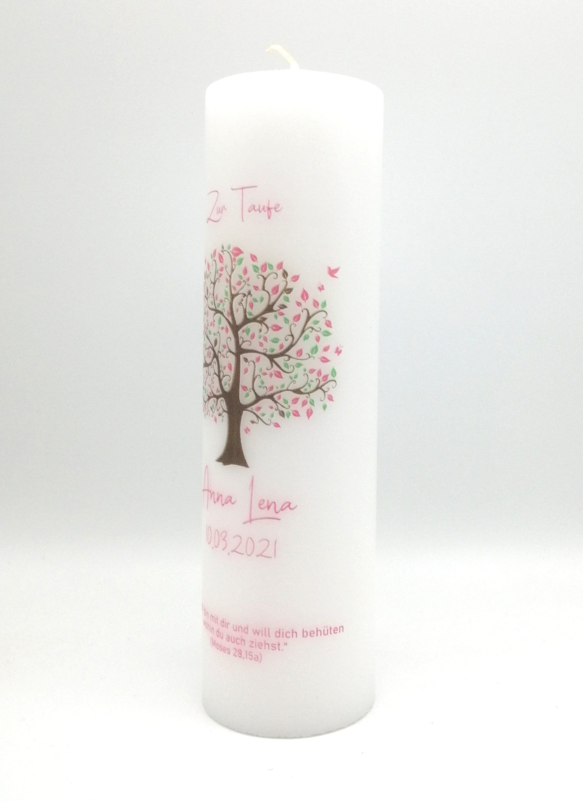 Taufkerze personalisiert mit Namen Datum und Taufspruch "Baum rosa/grün", Junge/ Mädchen