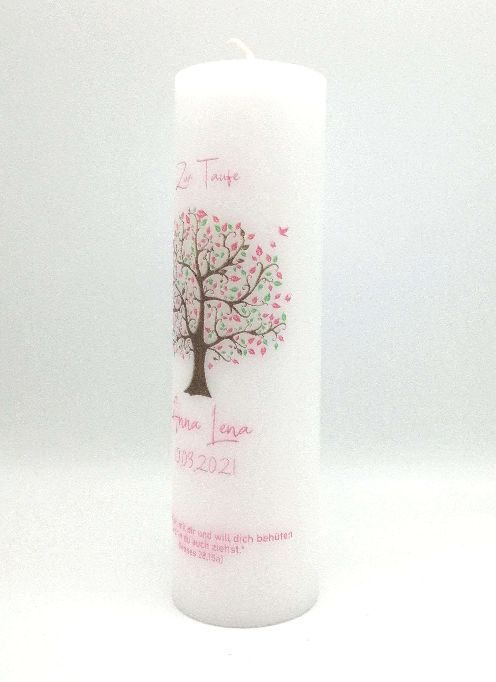 Taufkerze personalisiert mit Namen Datum und Taufspruch "Baum rosa/grün", Junge/ Mädchen