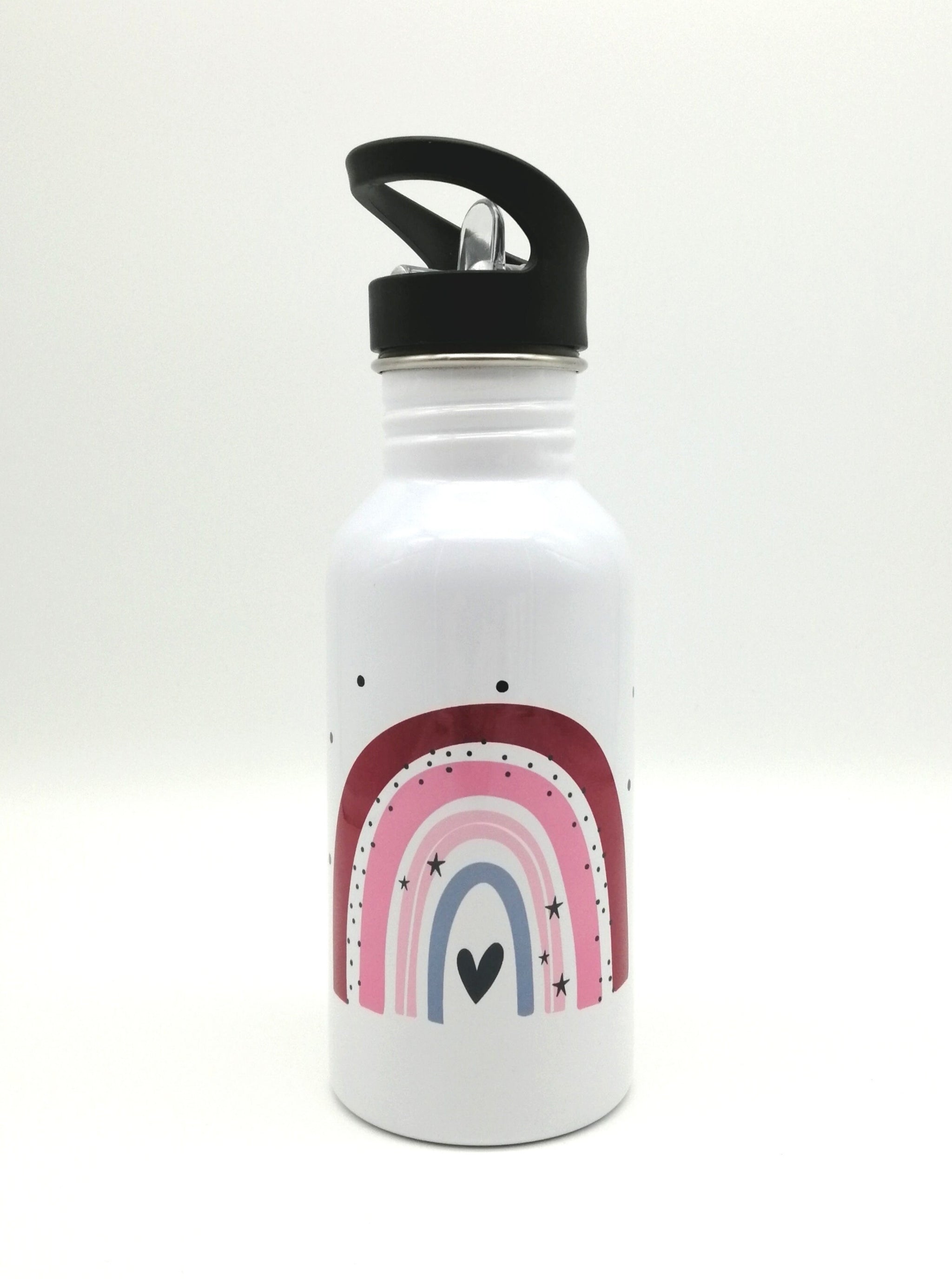 Trinkflasche mit Namen "Regenbogen rot/rosa"/ Kindergarten/ Schule/ Sport/ 500ml mit Strohhalm