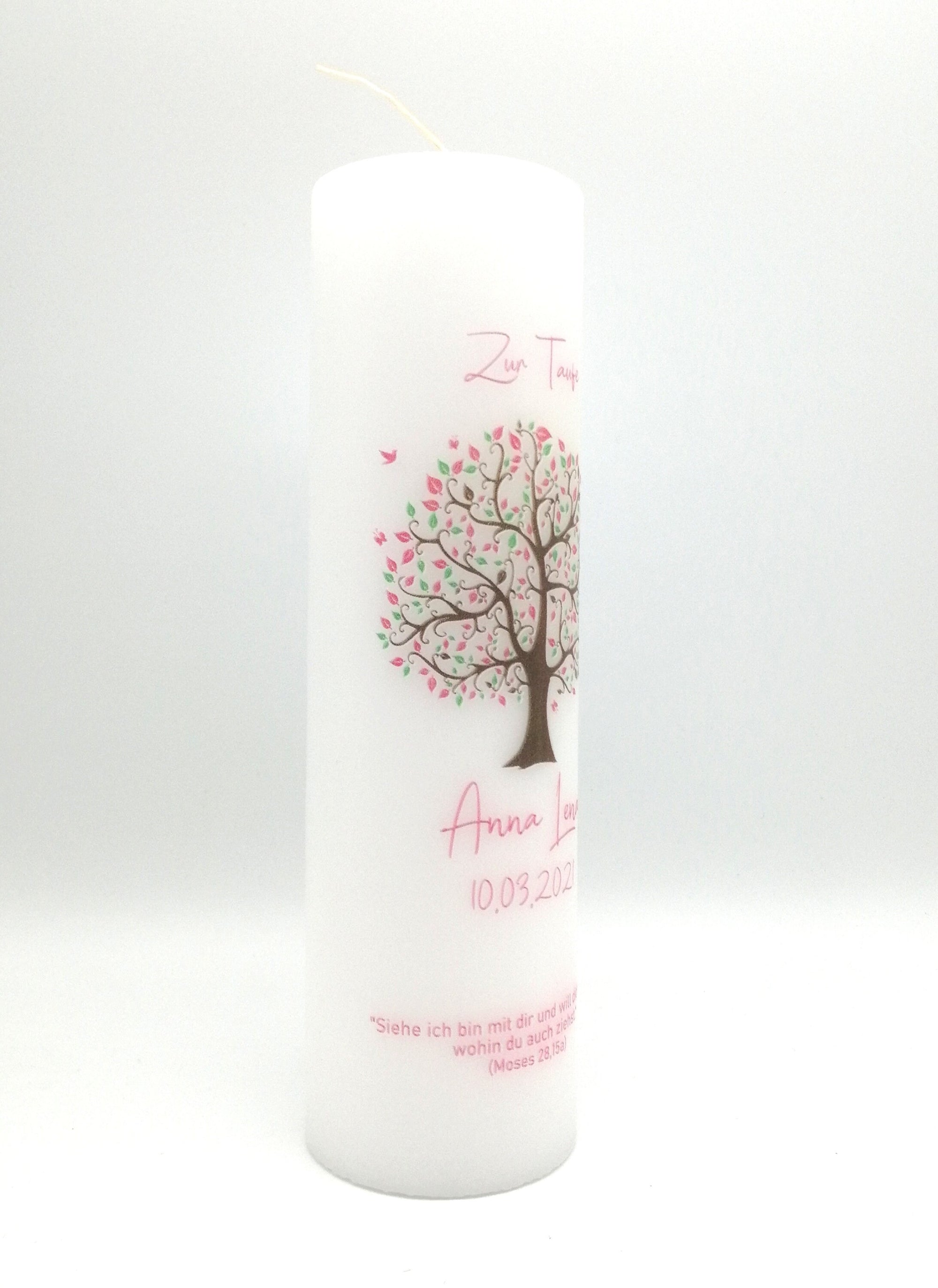 Taufkerze personalisiert mit Namen Datum und Taufspruch "Baum rosa/grün", Junge/ Mädchen