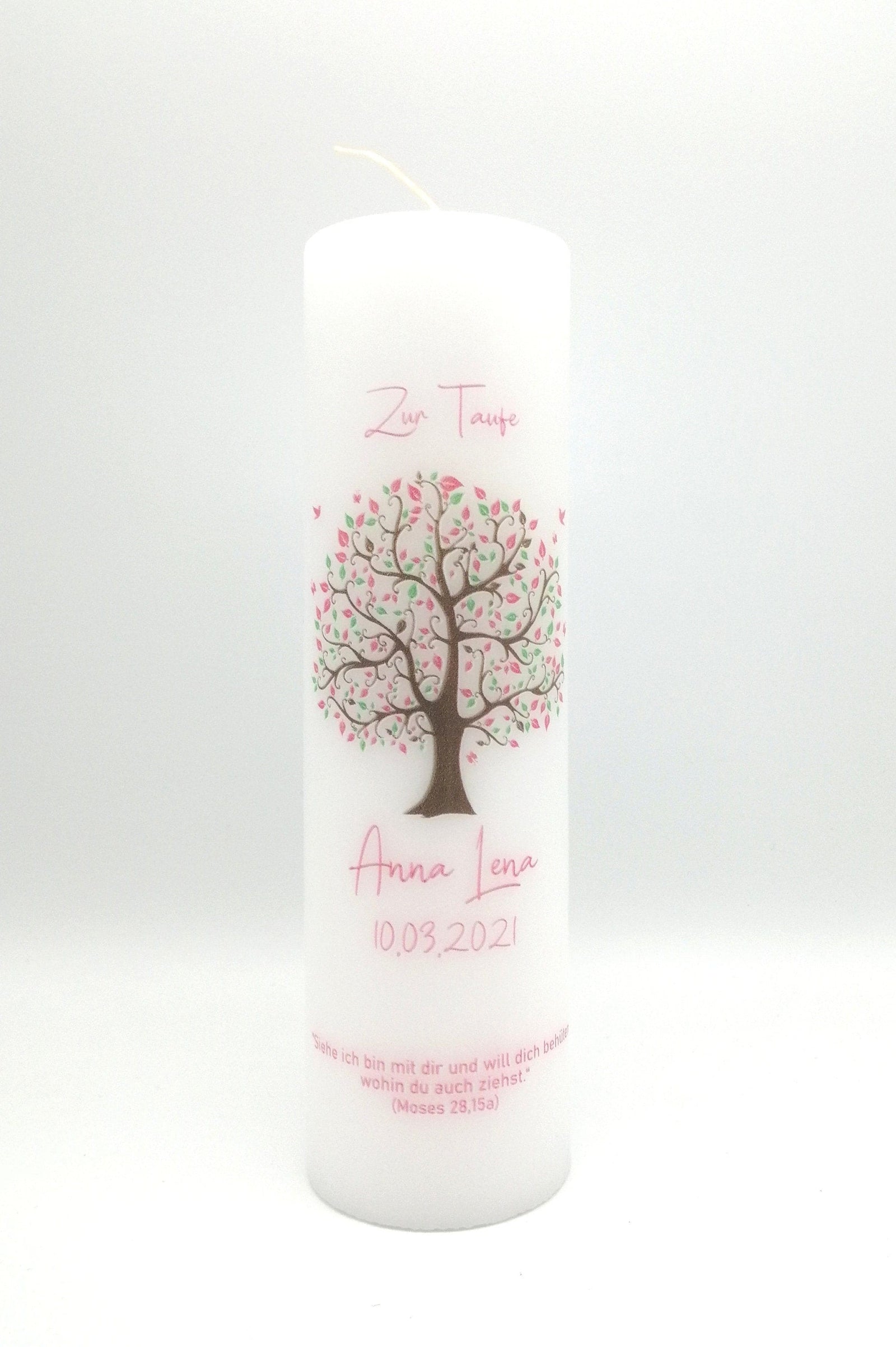 Taufkerze personalisiert mit Namen Datum und Taufspruch "Baum rosa/grün", Junge/ Mädchen
