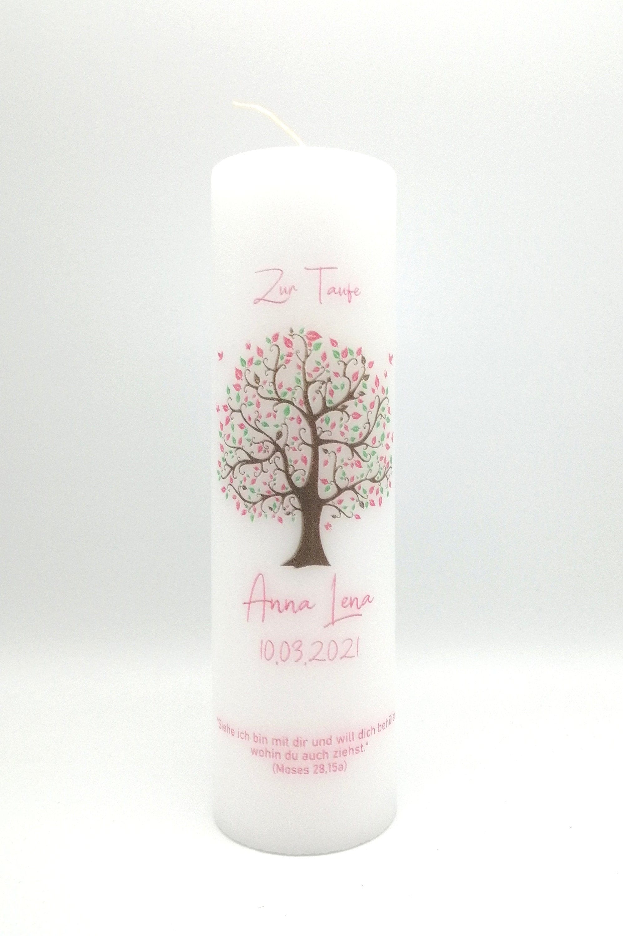 Taufkerze personalisiert mit Namen Datum und Taufspruch "Baum rosa/grün", Junge/ Mädchen