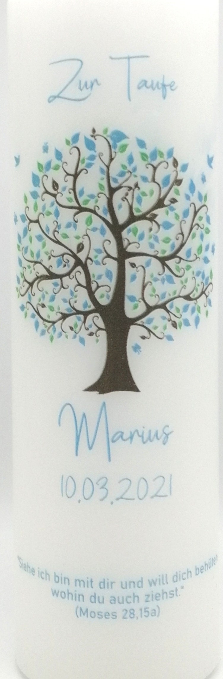 Taufkerze personalisiert mit Namen Datum und Taufspruch "Baum blau/grün", Junge/ Mädchen