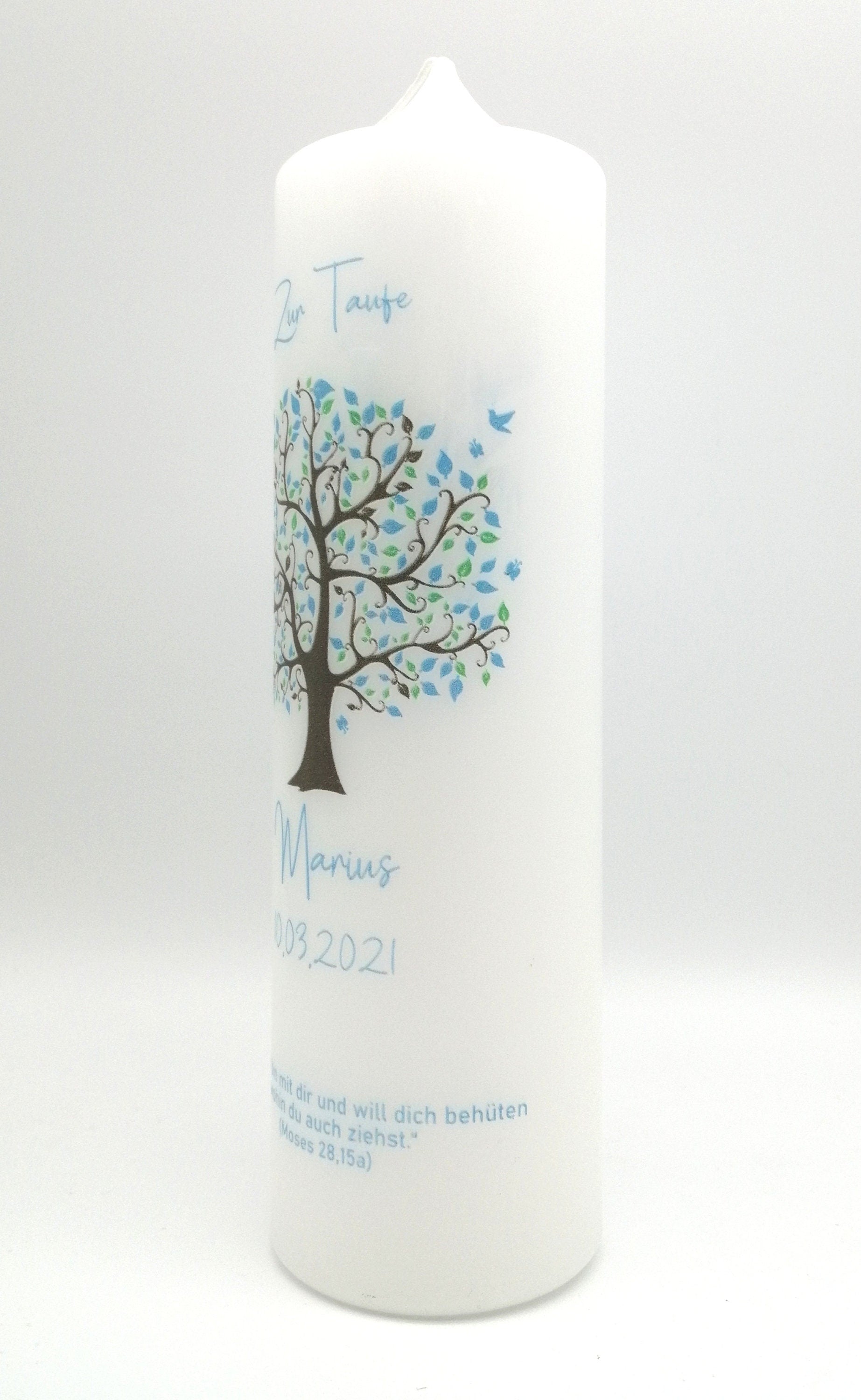 Taufkerze personalisiert mit Namen Datum und Taufspruch "Baum blau/grün", Junge/ Mädchen