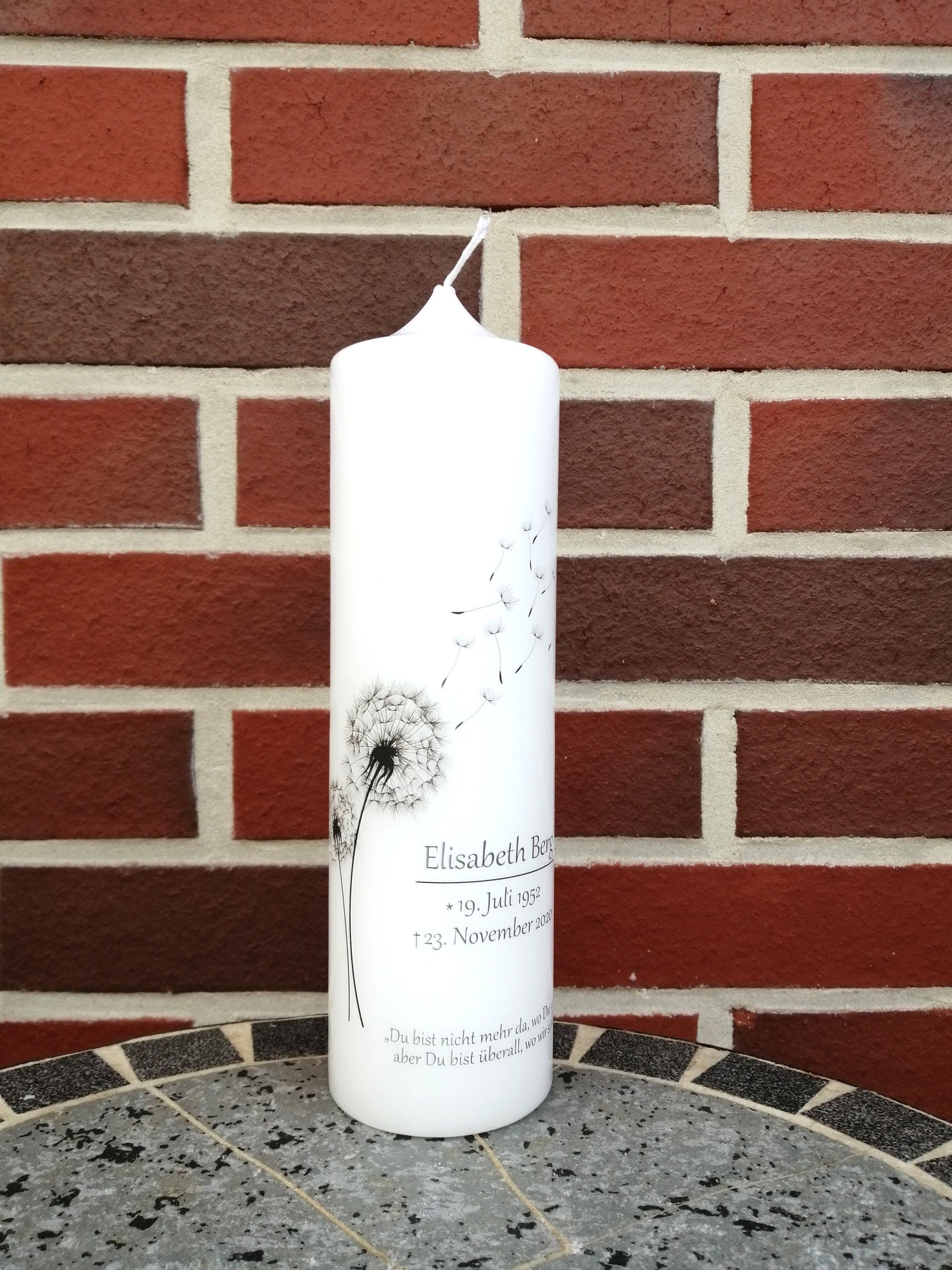 Trauerkerze personalisiert "Pusteblume" Gedenkkerze mit Spruch individualisiert