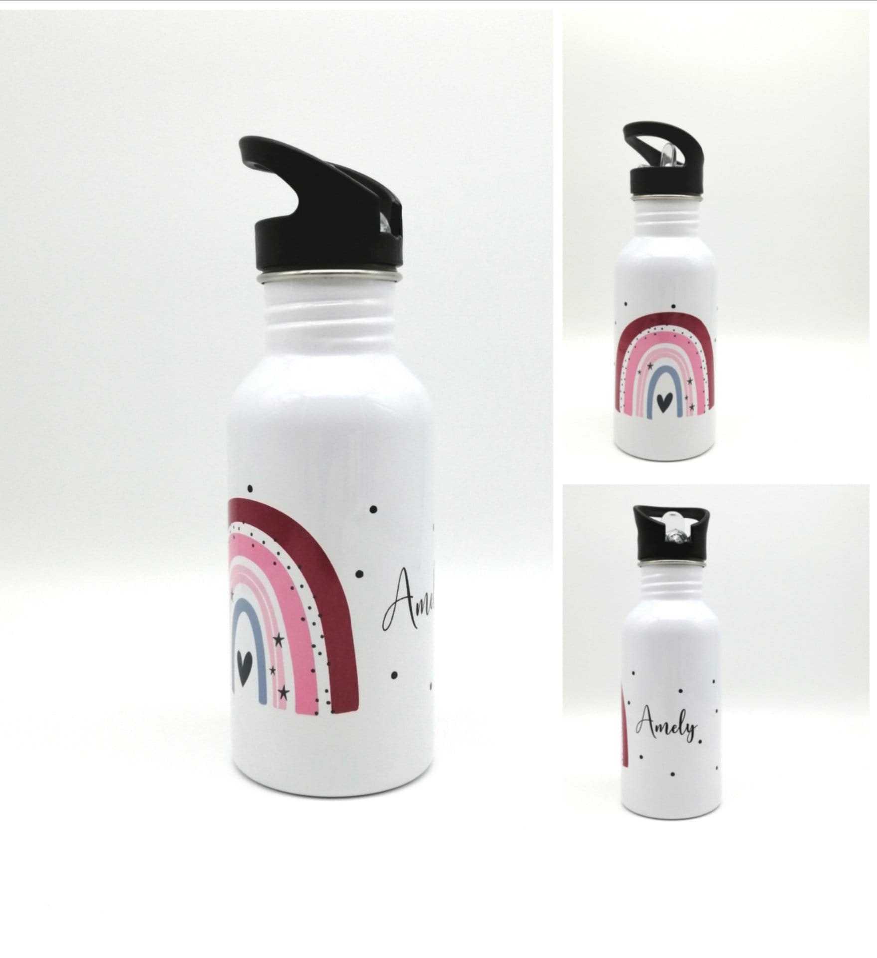 Trinkflasche mit Namen "Regenbogen rot/rosa"/ Kindergarten/ Schule/ Sport/ 500ml mit Strohhalm