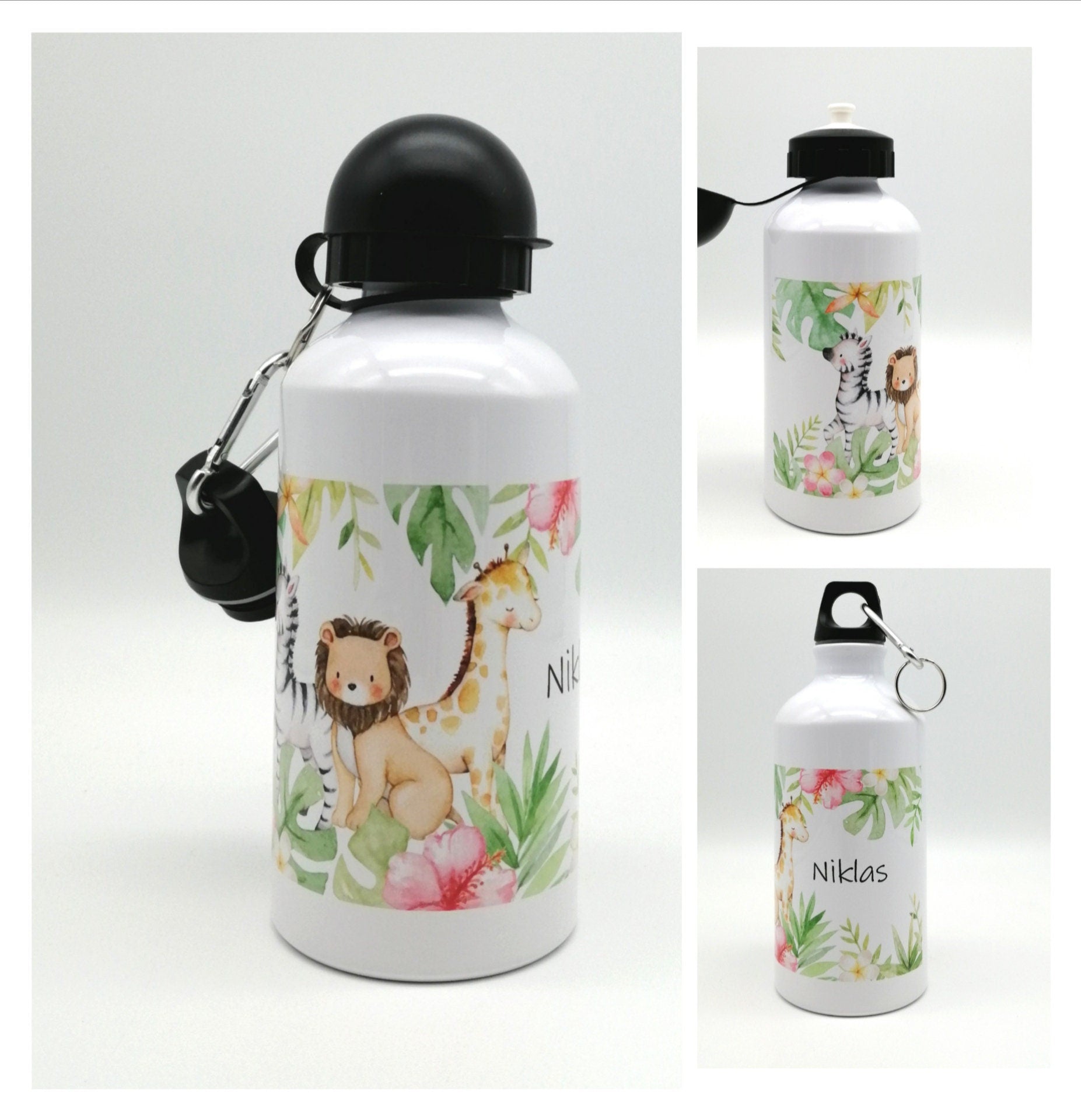 Trinkflasche mit Namen "Dschungeltiere"/ individuell/ Flasche/ Kinder trinkflasche 500ml/ Kindergarten / Schule