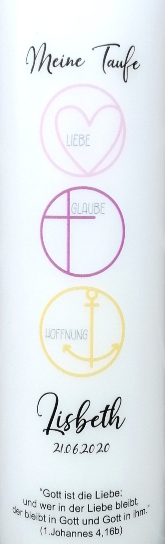 Taufkerze personalisiert mit Namen Datum und Taufspruch "Glaube/Liebe/Hoffnung rosa", Junge/ Mädchen