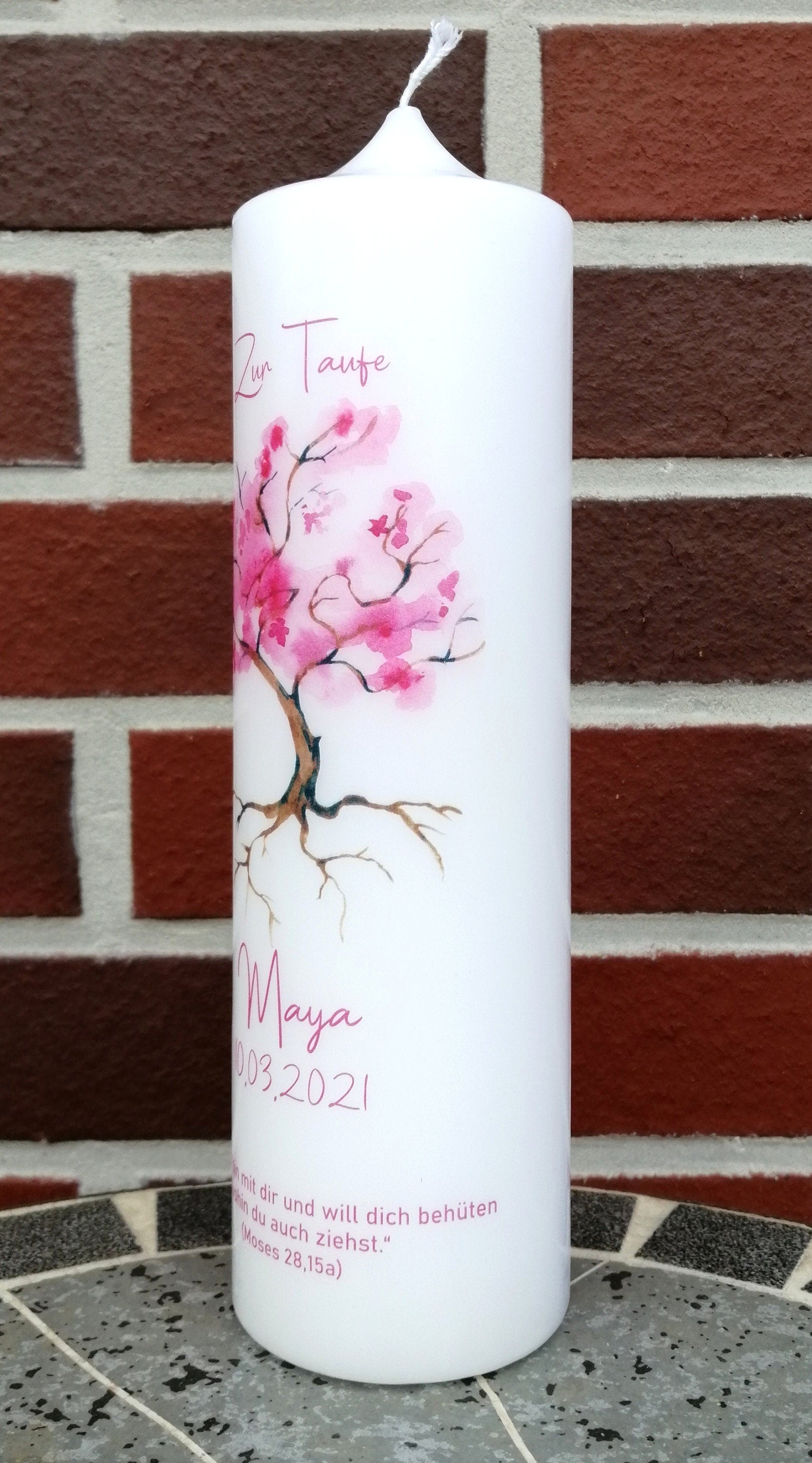 Taufkerze personalisiert mit Namen Datum und Taufspruch "Baum pink", Junge/ Mädchen