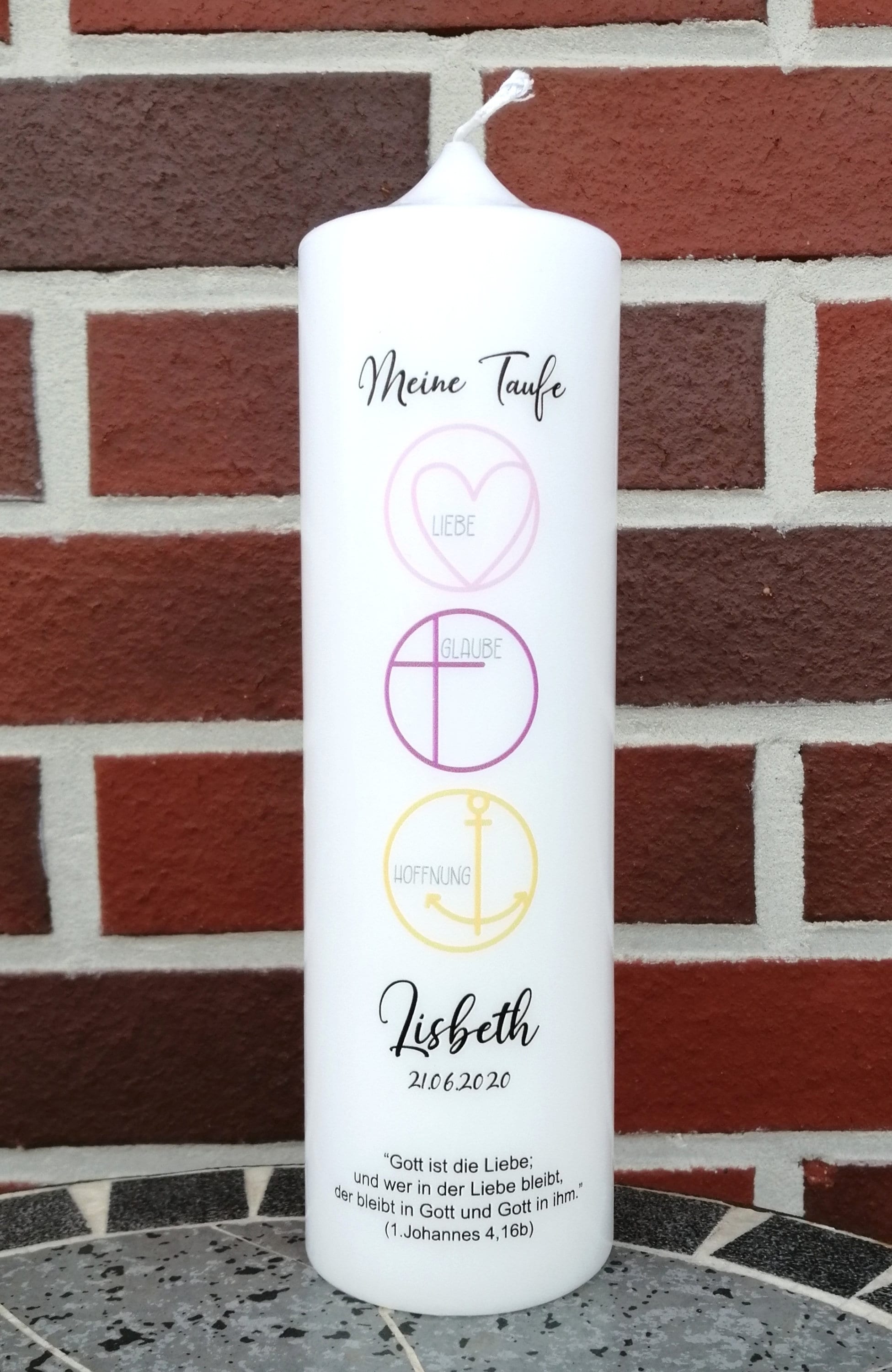 Taufkerze personalisiert mit Namen Datum und Taufspruch "Glaube/Liebe/Hoffnung rosa", Junge/ Mädchen