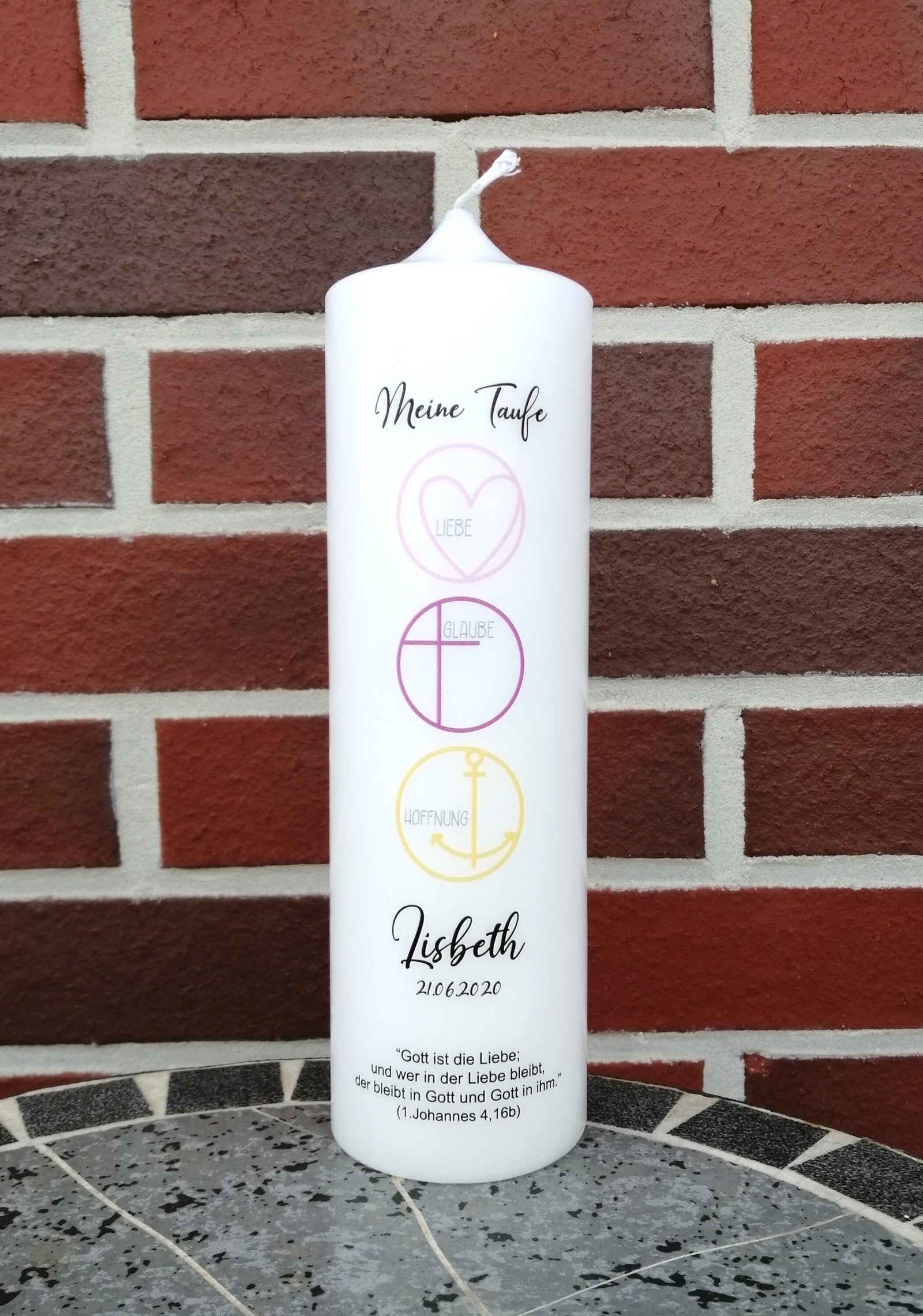 Taufkerze personalisiert mit Namen Datum und Taufspruch "Glaube/Liebe/Hoffnung rosa", Junge/ Mädchen
