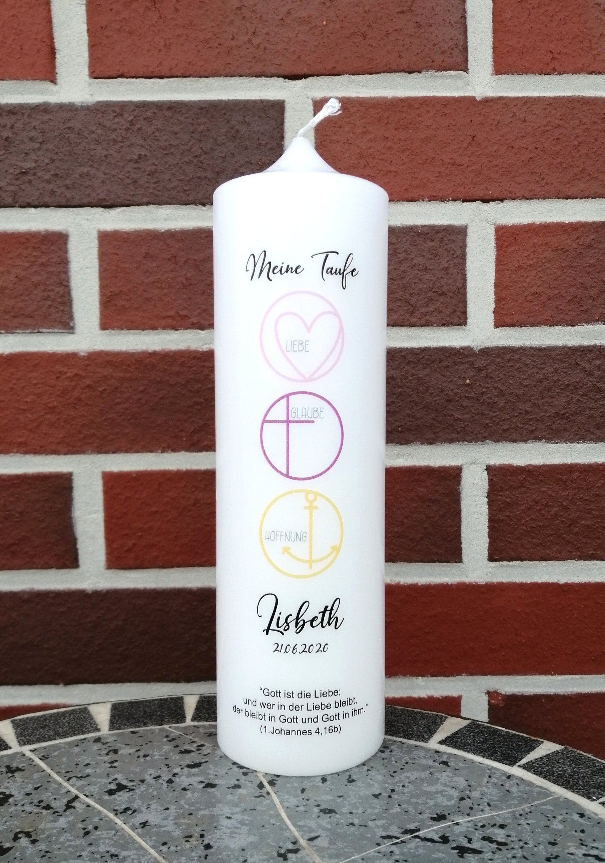 Taufkerze personalisiert mit Namen Datum und Taufspruch "Glaube/Liebe/Hoffnung rosa", Junge/ Mädchen