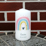 Geburtstagskerze/ Geburtskerze personalisiert mit Namen und Geburtsdatum "Regenbogen pfirsich" / Geburt/ Taufe/ Geburtstag