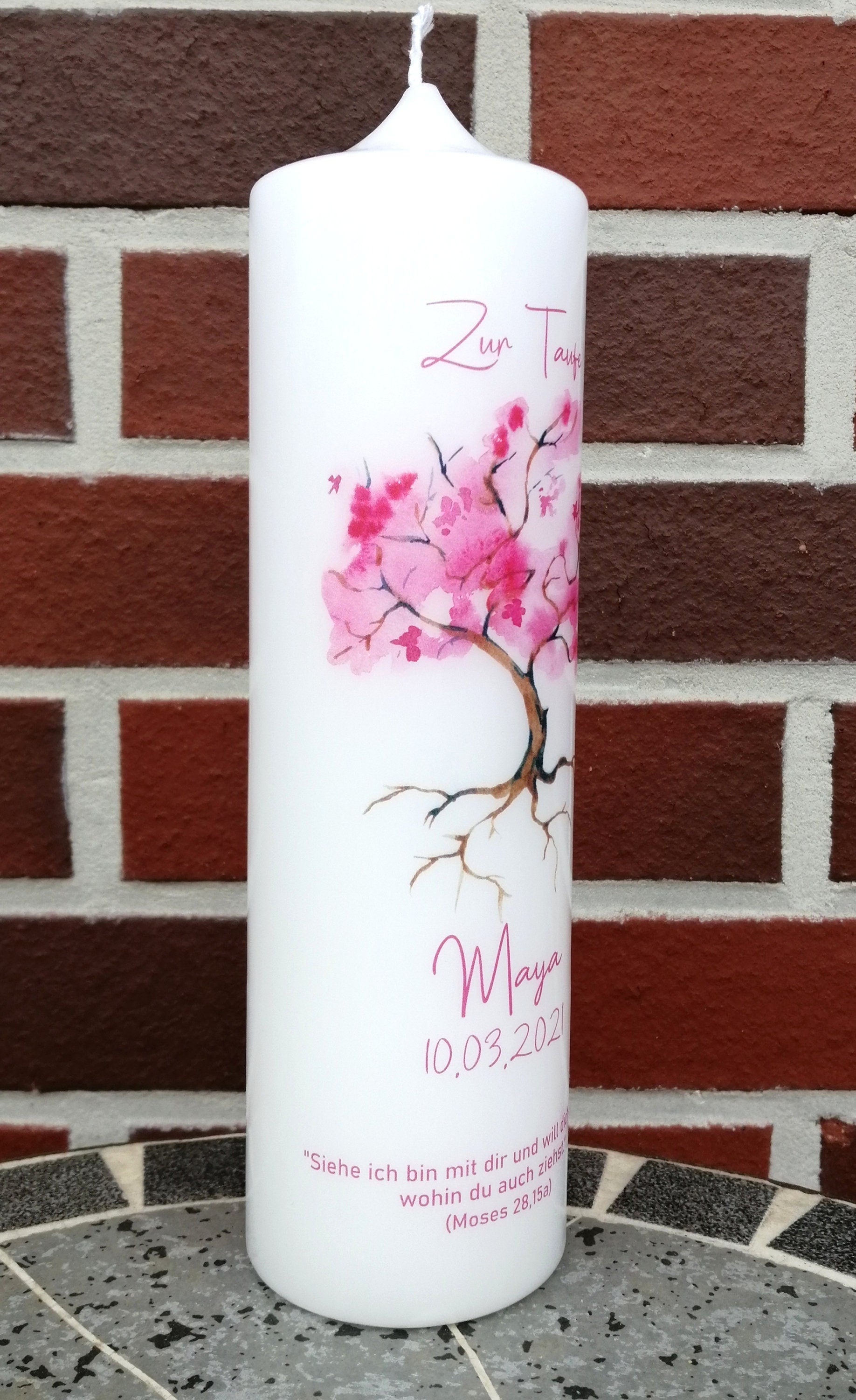 Taufkerze personalisiert mit Namen Datum und Taufspruch "Baum pink", Junge/ Mädchen