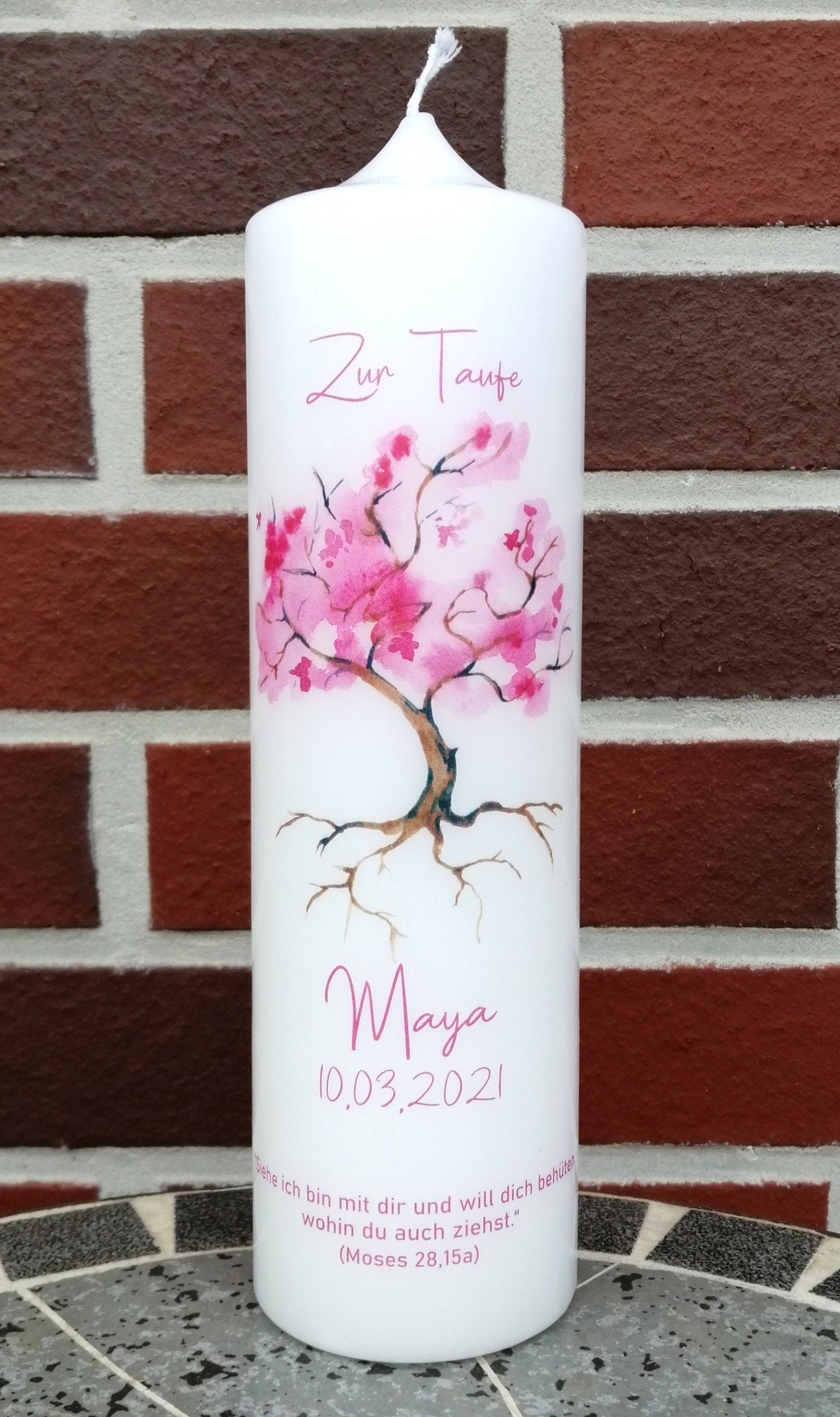 Taufkerze personalisiert mit Namen Datum und Taufspruch "Baum pink", Junge/ Mädchen