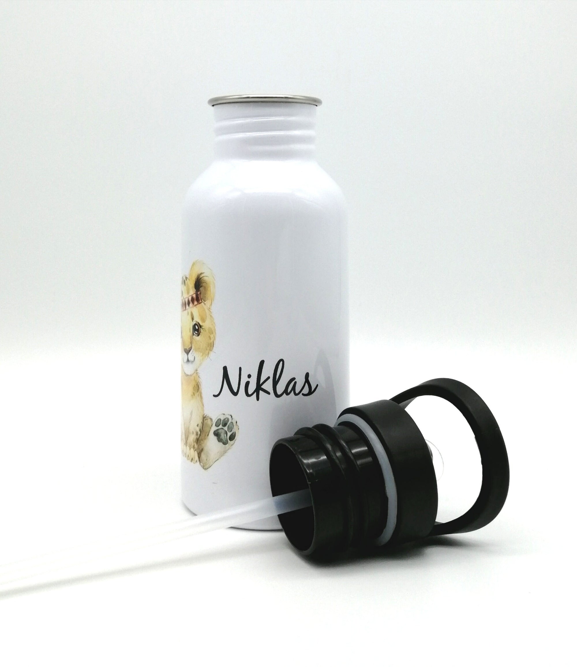 Trinkflasche mit Namen "Boho Löwe"/ Kindergarten/ Schule/ Sport/ 500ml mit Strohhalm