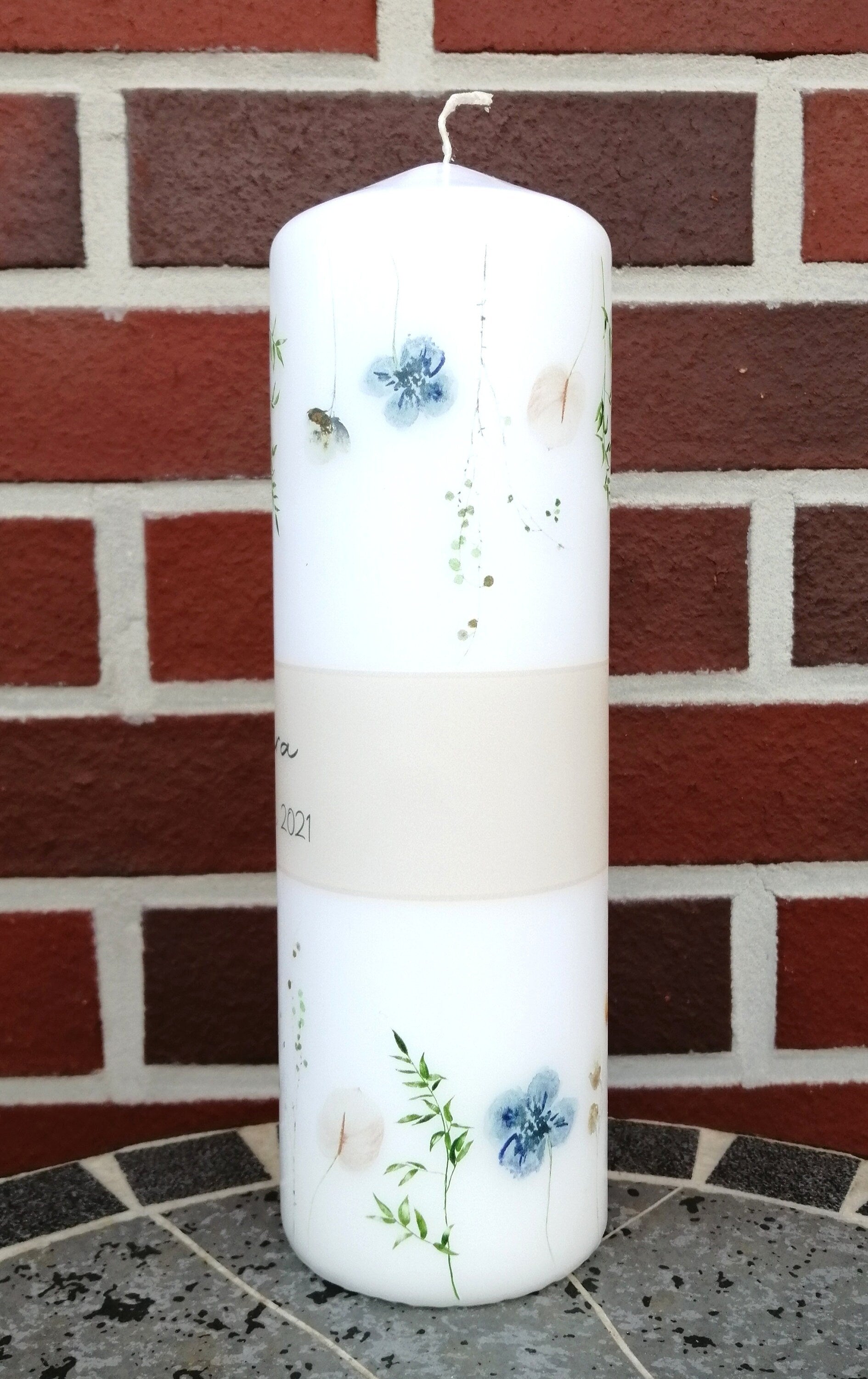 Taufkerze personalisiert mit Namen Datum "Wildblumen pfirsich", Junge/ Mädchen