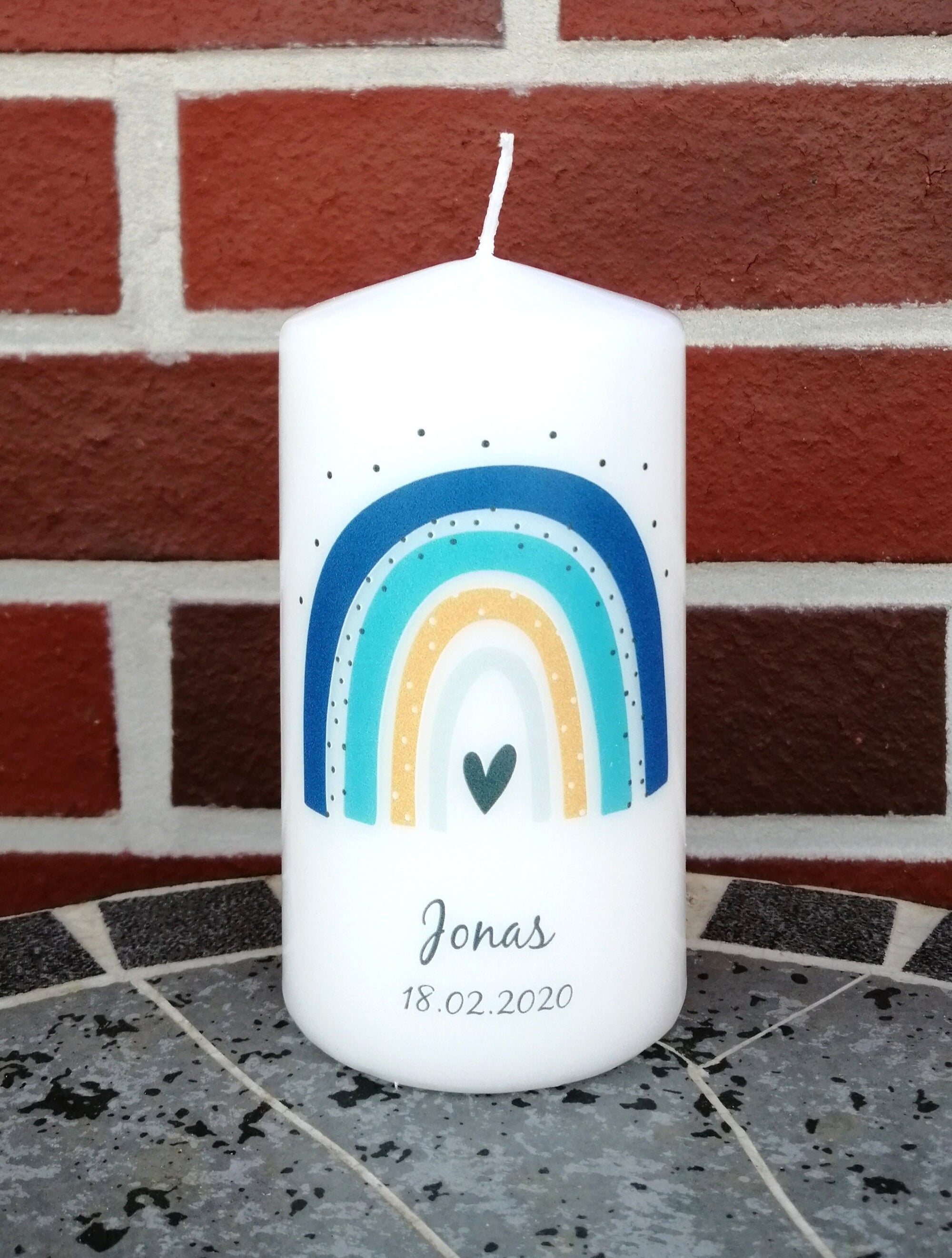 Geburtstagskerze/ Geburtskerze personalisiert mit Namen und Geburtsdatum " Regenbogen blau/mint" / Geburt/ Taufe/ Geburtstag
