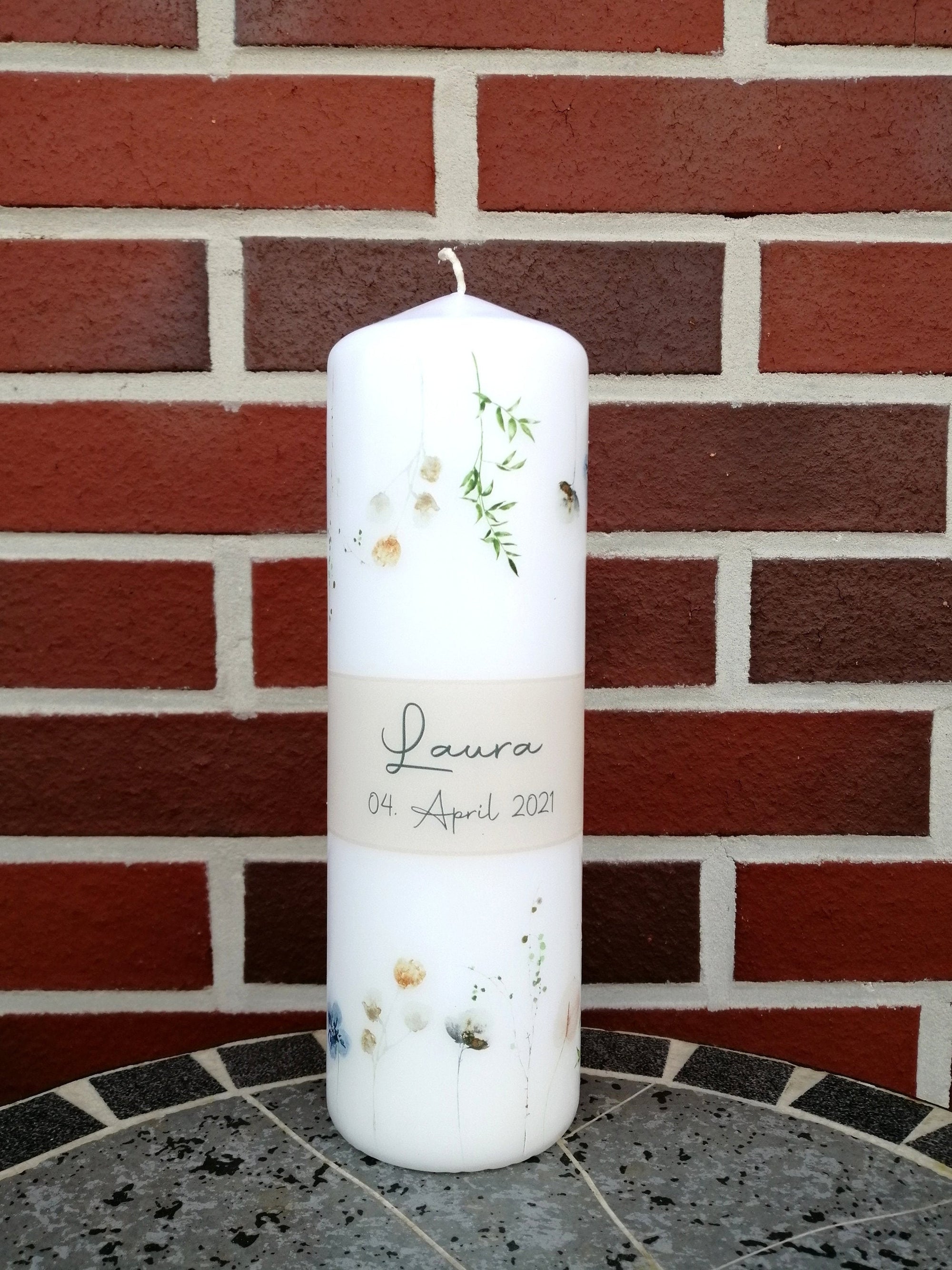 Taufkerze personalisiert mit Namen Datum "Wildblumen pfirsich", Junge/ Mädchen