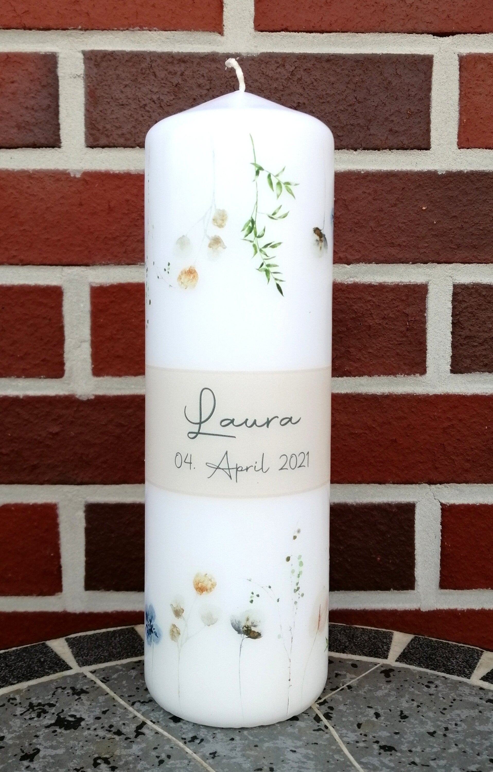 Taufkerze personalisiert mit Namen Datum "Wildblumen pfirsich", Junge/ Mädchen