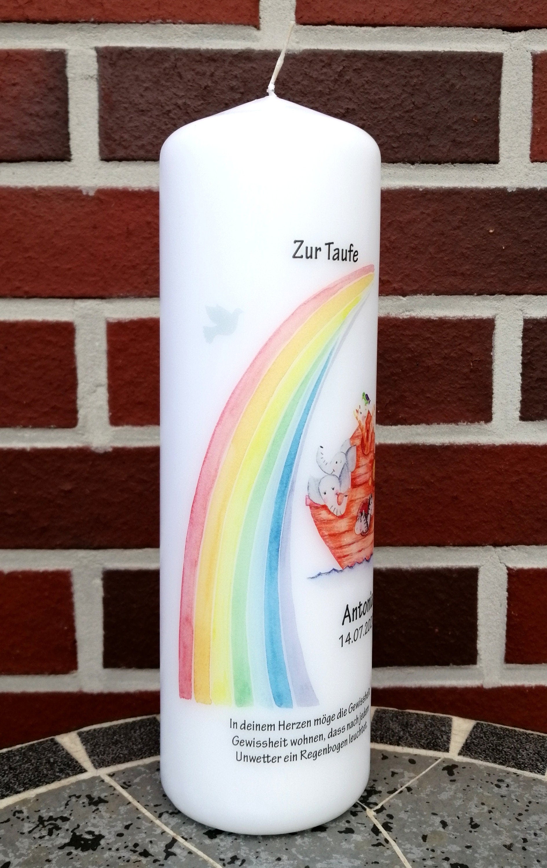 Taufkerze personalisiert mit Namen Datum und Taufspruch "Arche Noah/ Regenbogen", Junge/ Mädchen
