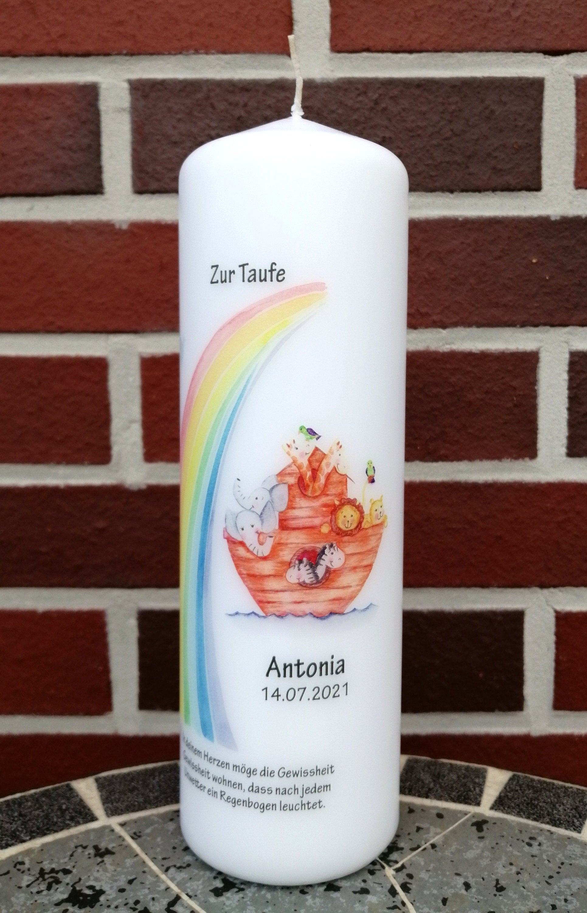 Taufkerze personalisiert mit Namen Datum und Taufspruch "Arche Noah/ Regenbogen", Junge/ Mädchen