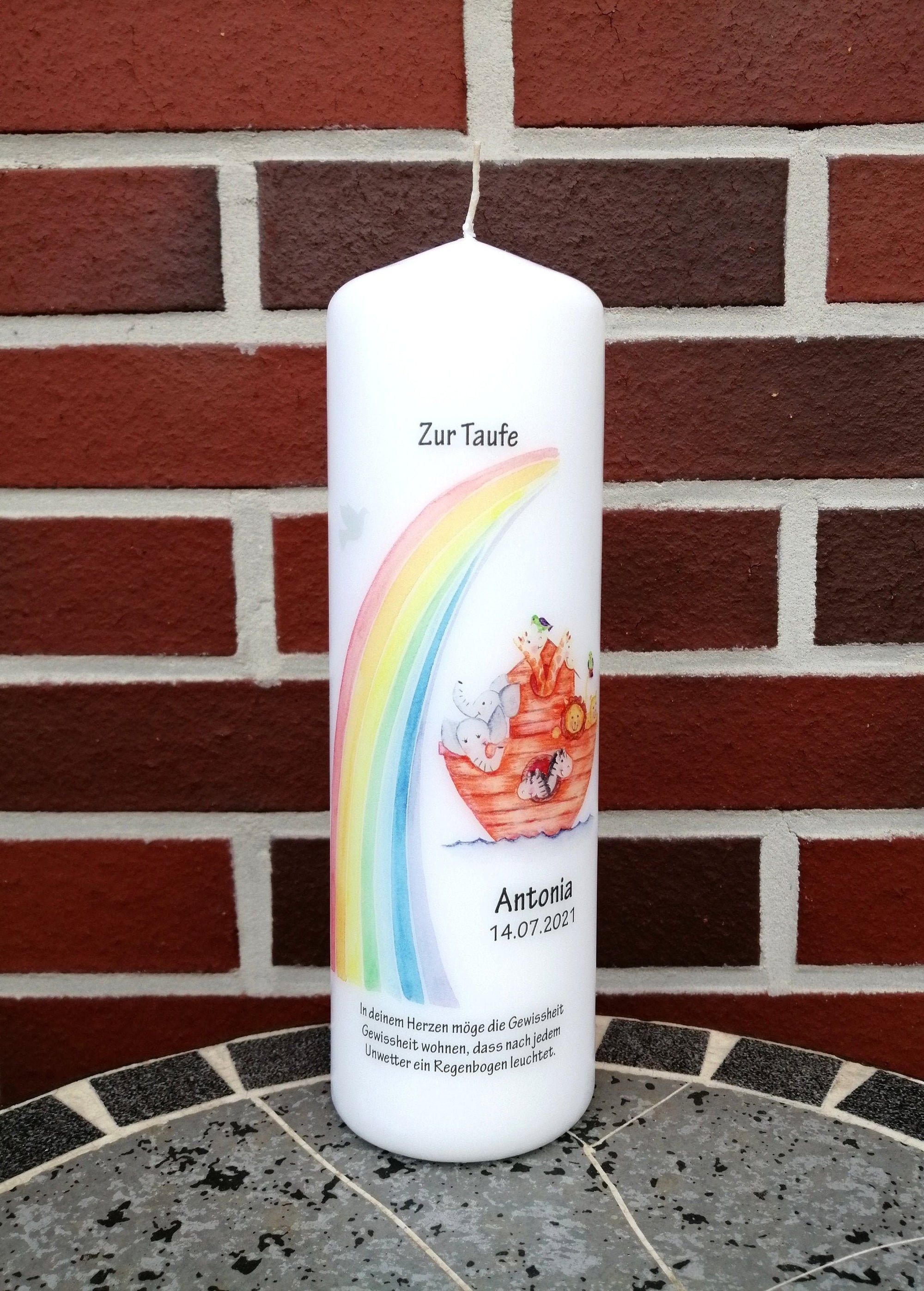 Taufkerze personalisiert mit Namen Datum und Taufspruch "Arche Noah/ Regenbogen", Junge/ Mädchen
