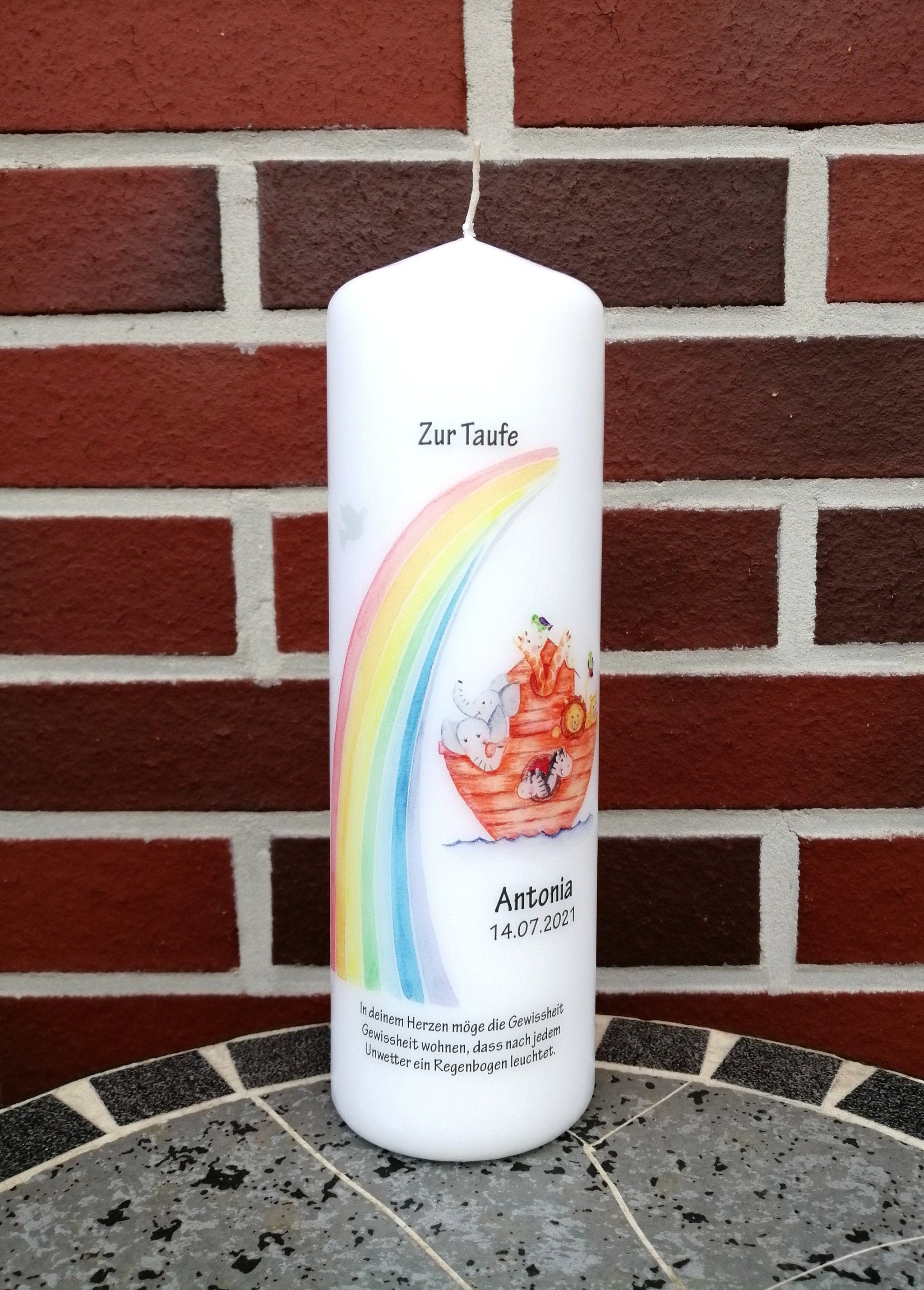 Taufkerze personalisiert mit Namen Datum und Taufspruch "Arche Noah/ Regenbogen", Junge/ Mädchen