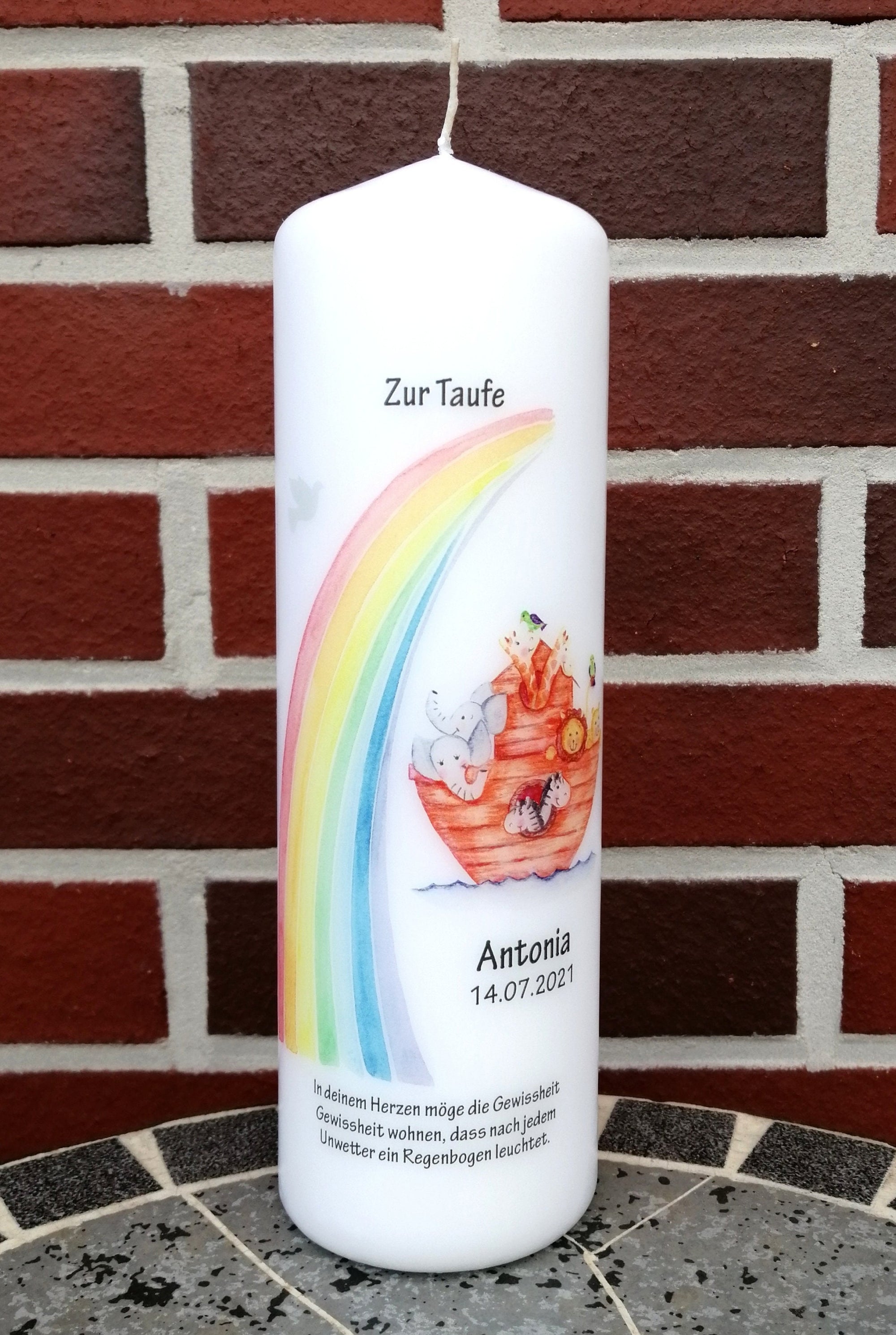 Taufkerze personalisiert mit Namen Datum und Taufspruch "Arche Noah/ Regenbogen", Junge/ Mädchen