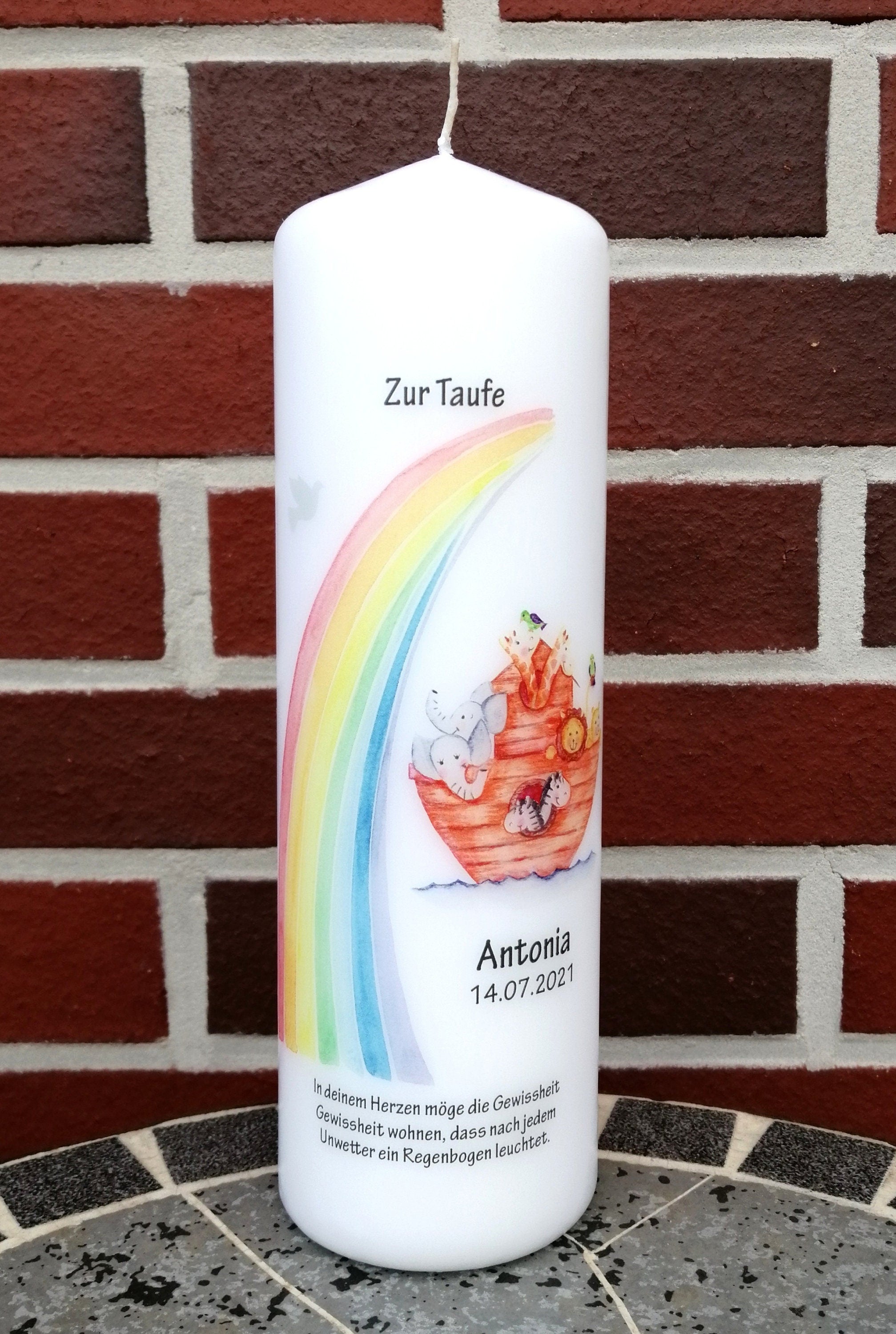 Taufkerze personalisiert mit Namen Datum und Taufspruch "Arche Noah/ Regenbogen", Junge/ Mädchen