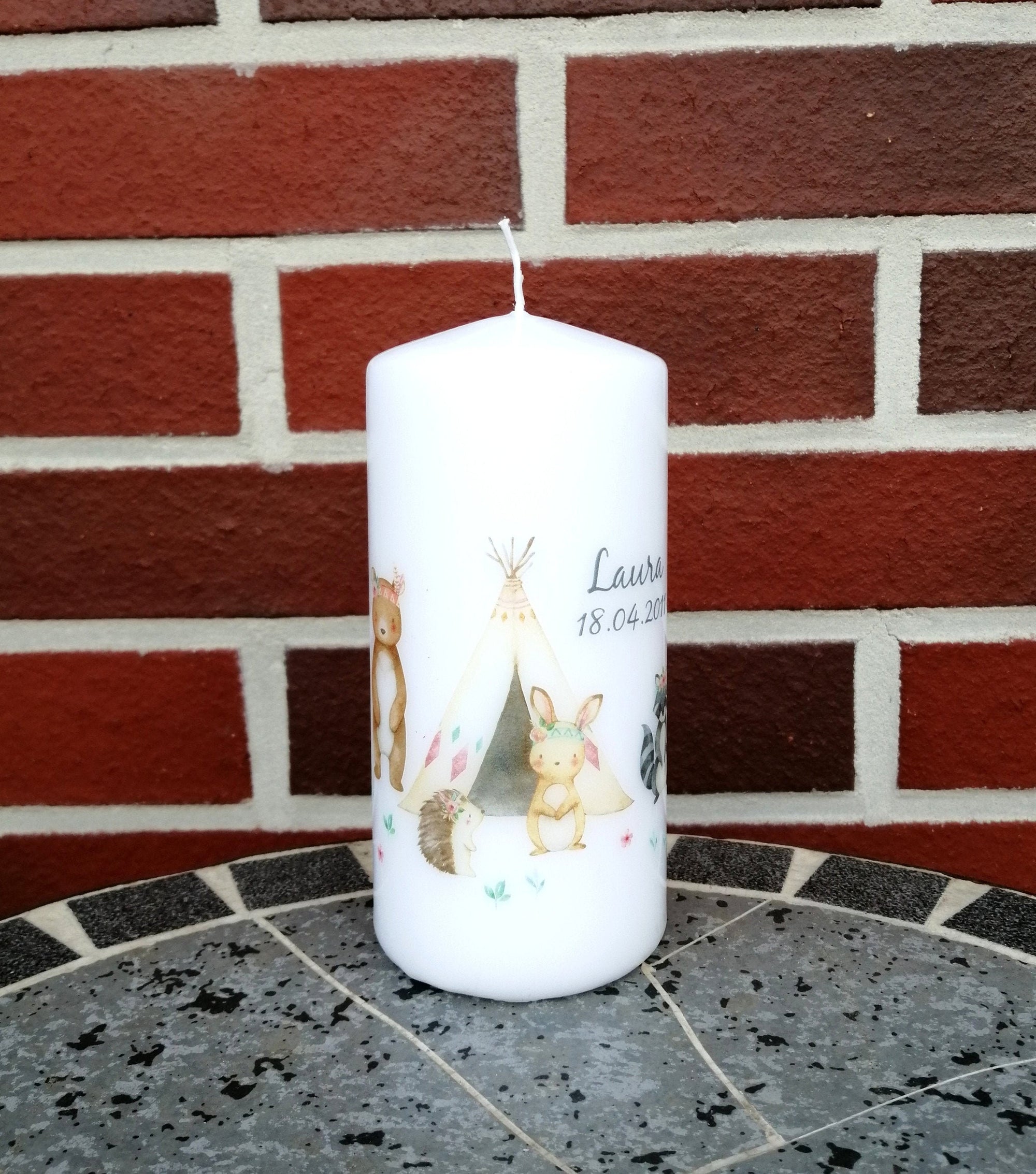 Geburtstagskerze/ Geburtskerze personalisiert mit Namen und Geburtsdatum "Boho Waldtiere" / Geburt/ Taufe/ Geburtstag