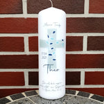 Taufkerze personalisiert mit Namen Datum und Taufspruch "Kreuz Ranke blau", Junge/ Mädchen