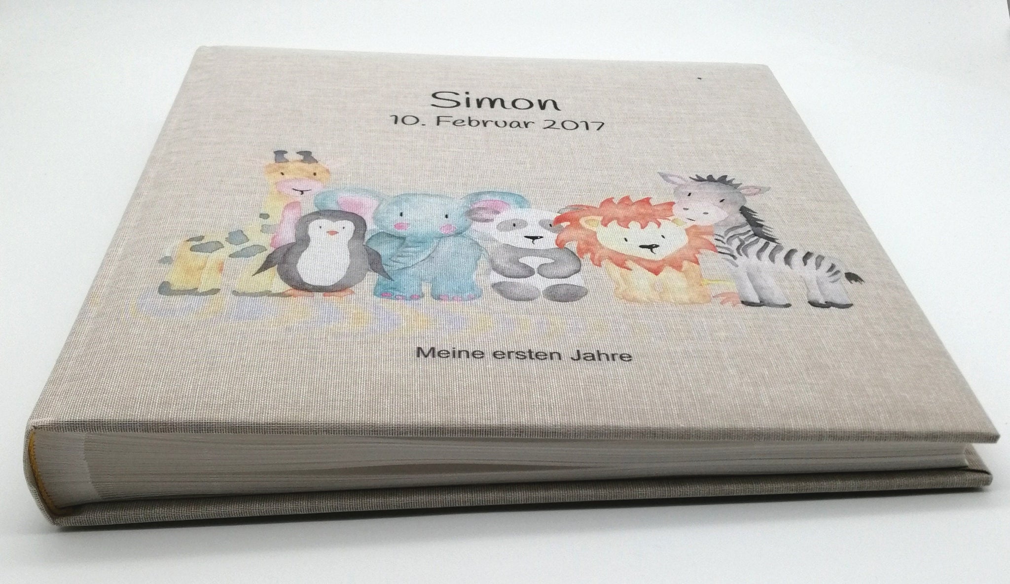 Fotoalbum personalisiert Baby, Kind "Zootiere" Leinen, Erinnerungsalbum