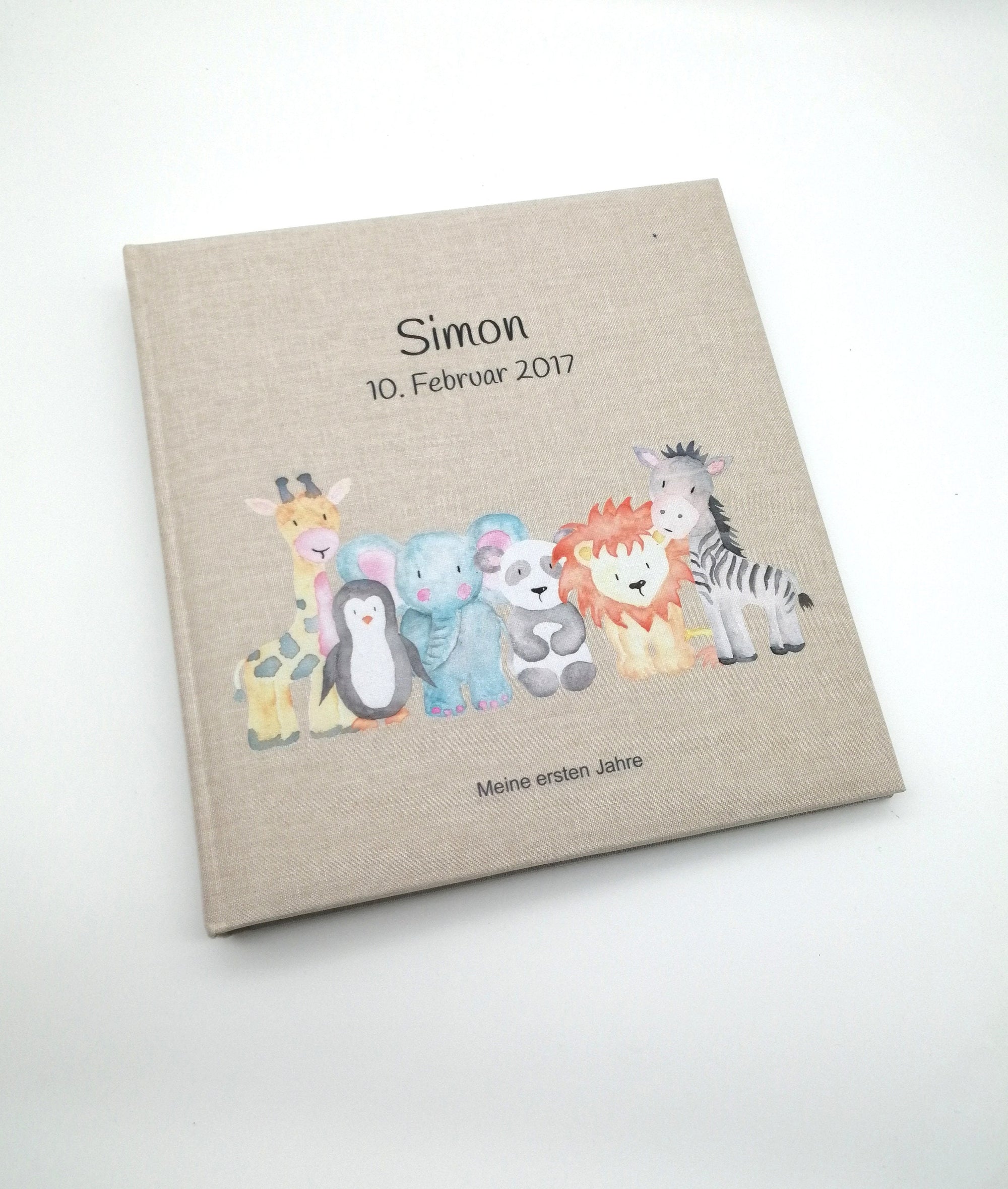 Fotoalbum personalisiert Baby, Kind "Zootiere" Leinen, Erinnerungsalbum