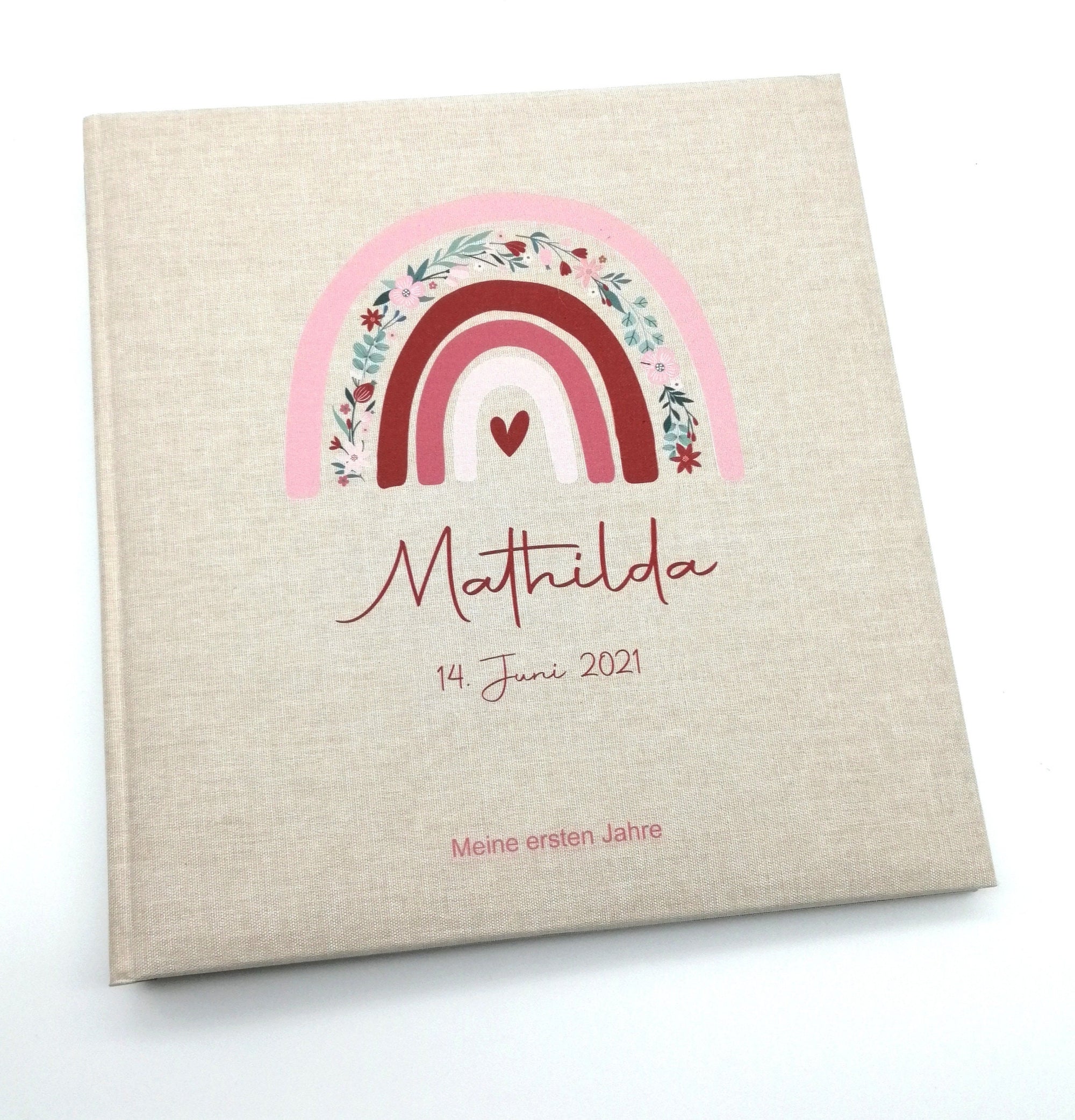 Fotoalbum personalisiert Baby, Kind "Regenbogen Blumen" Leinen, Erinnerungsalbum