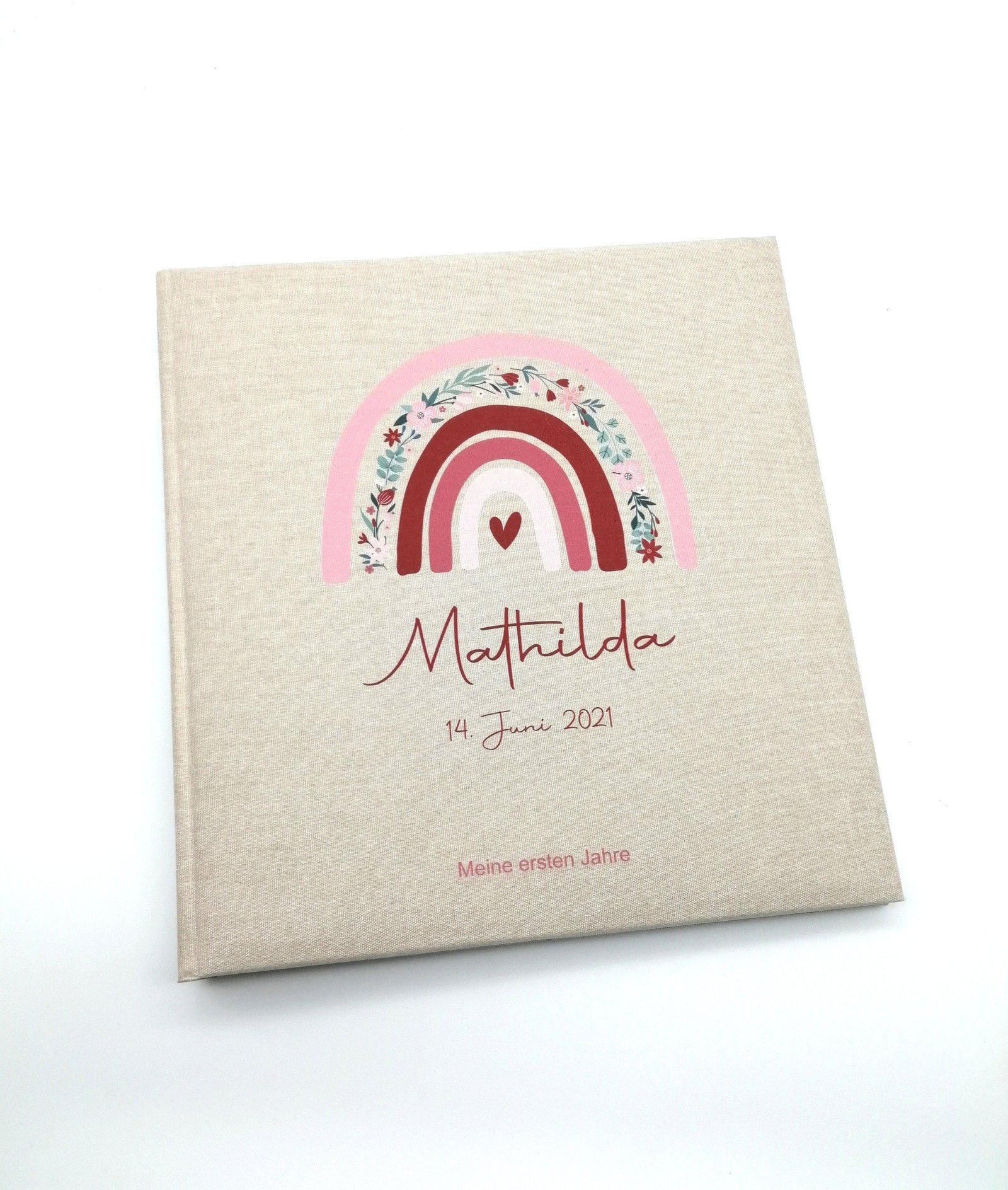 Fotoalbum personalisiert Baby, Kind "Regenbogen Blumen" Leinen, Erinnerungsalbum