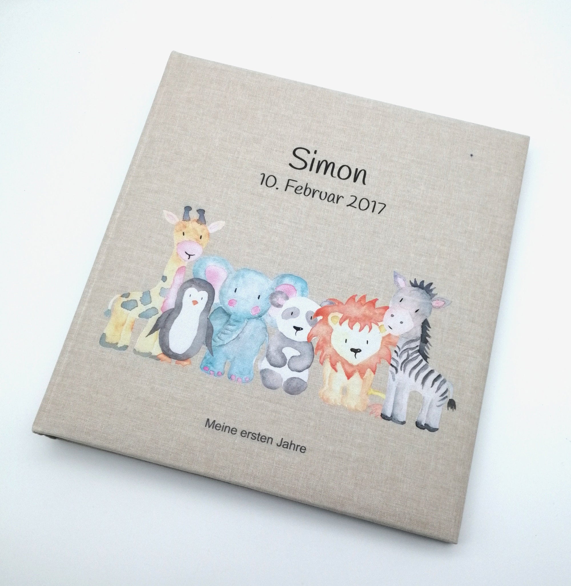 Fotoalbum personalisiert Baby, Kind "Zootiere" Leinen, Erinnerungsalbum