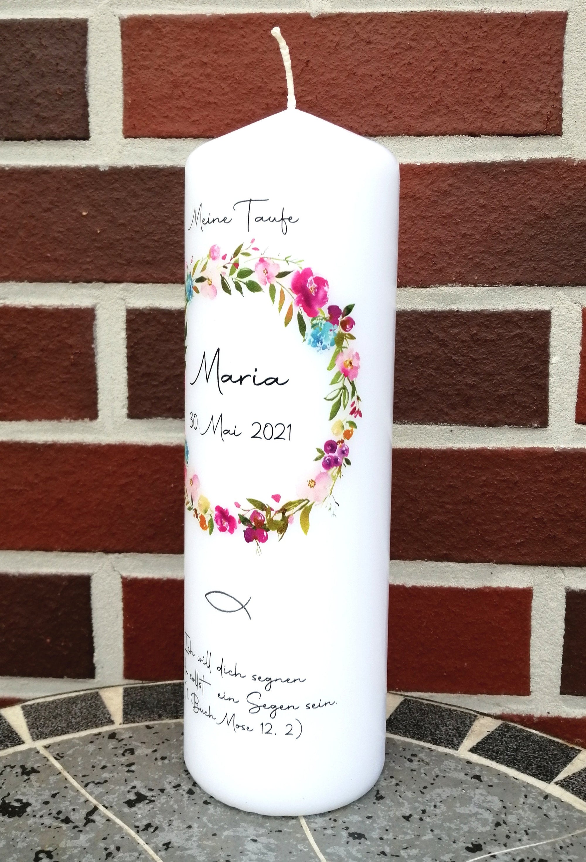 Taufkerze personalisiert mit Namen Datum und Taufspruch "Blumenkranz 3", Junge/ Mädchen, Geschenkidee zur Taufe, Patengeschenk, Taufgeschenk