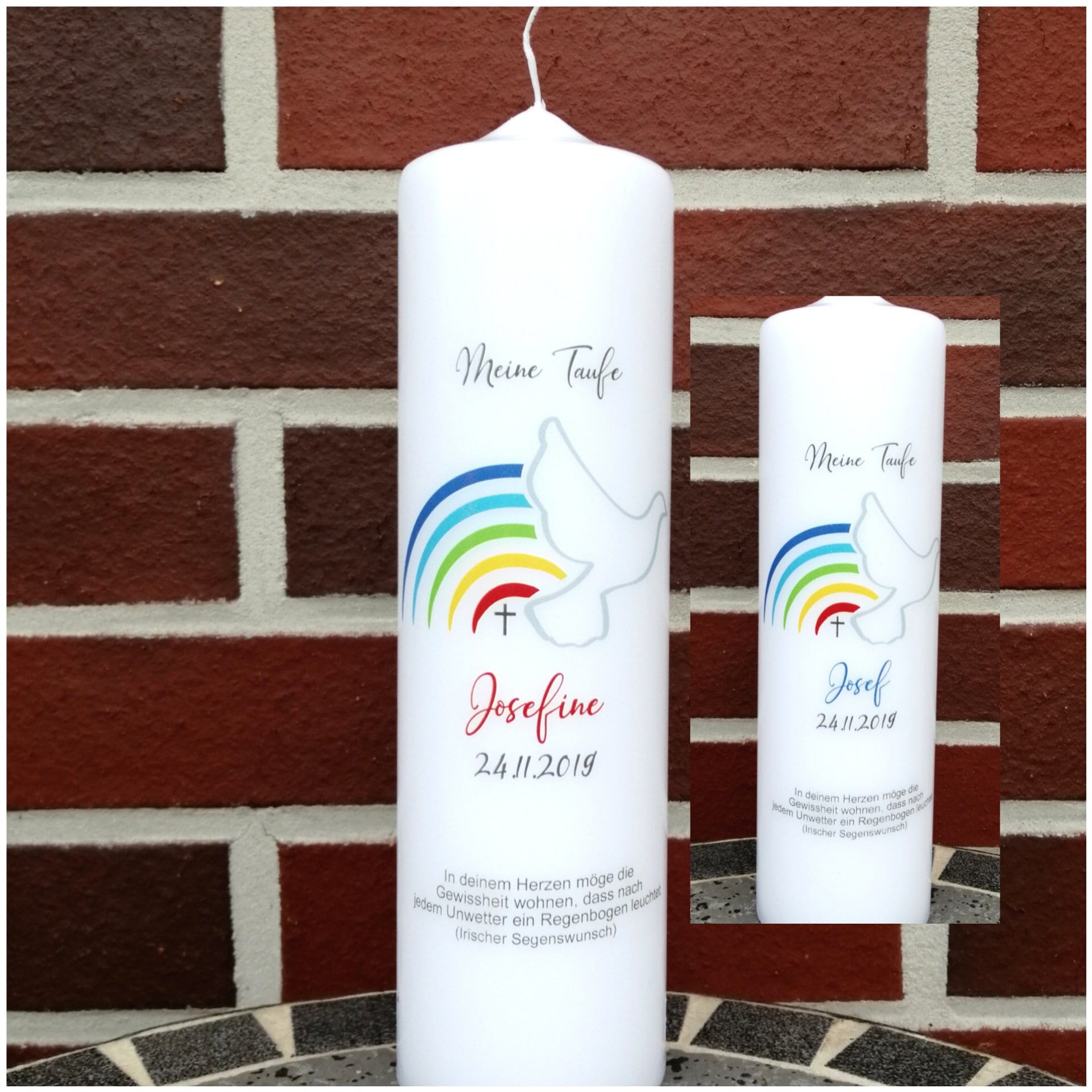 Taufkerze personalisiert mit Namen Datum und Taufspruch "Regenbogen Taube", Junge/ Mädchen