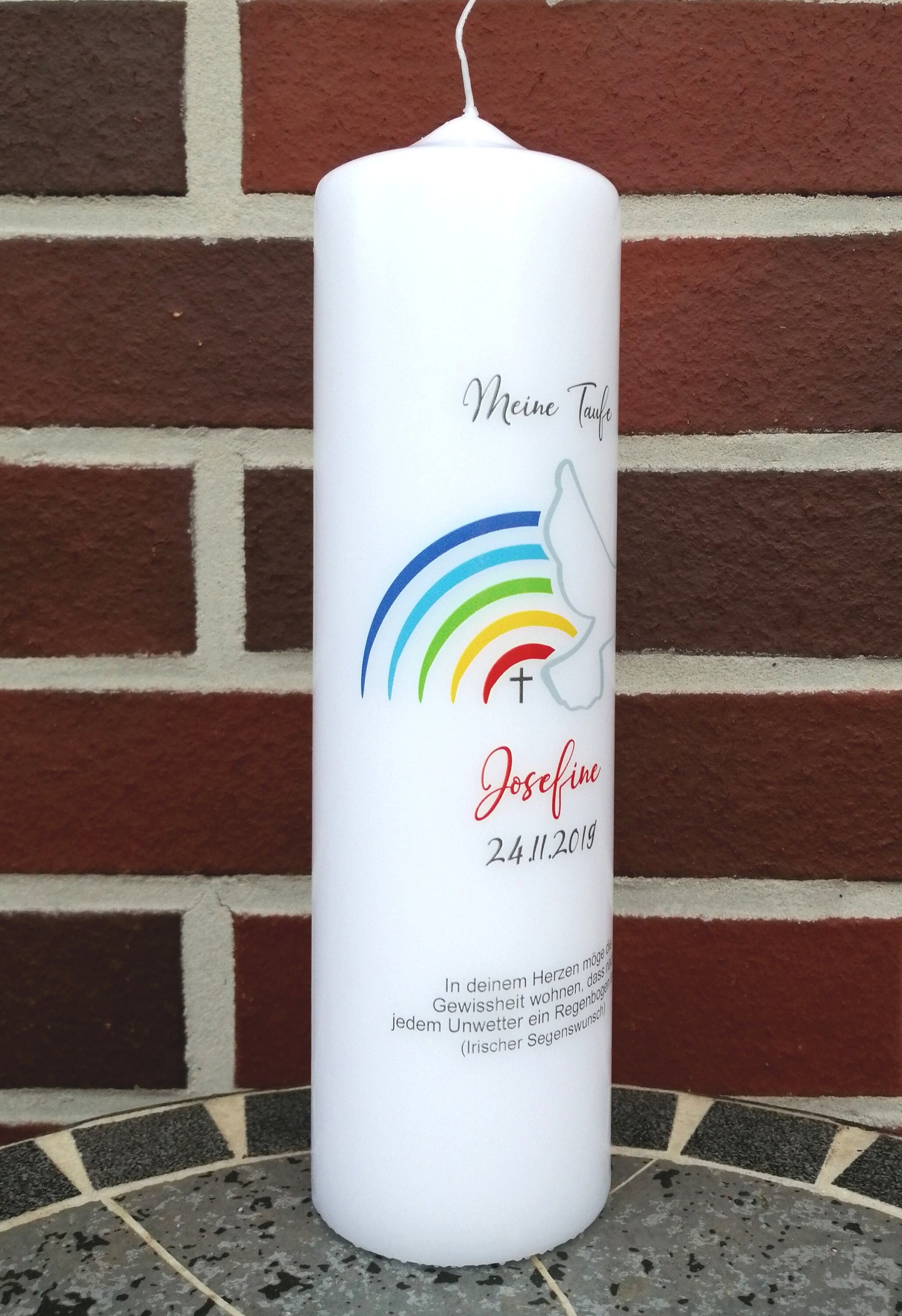 Taufkerze personalisiert mit Namen Datum und Taufspruch "Regenbogen Taube", Junge/ Mädchen